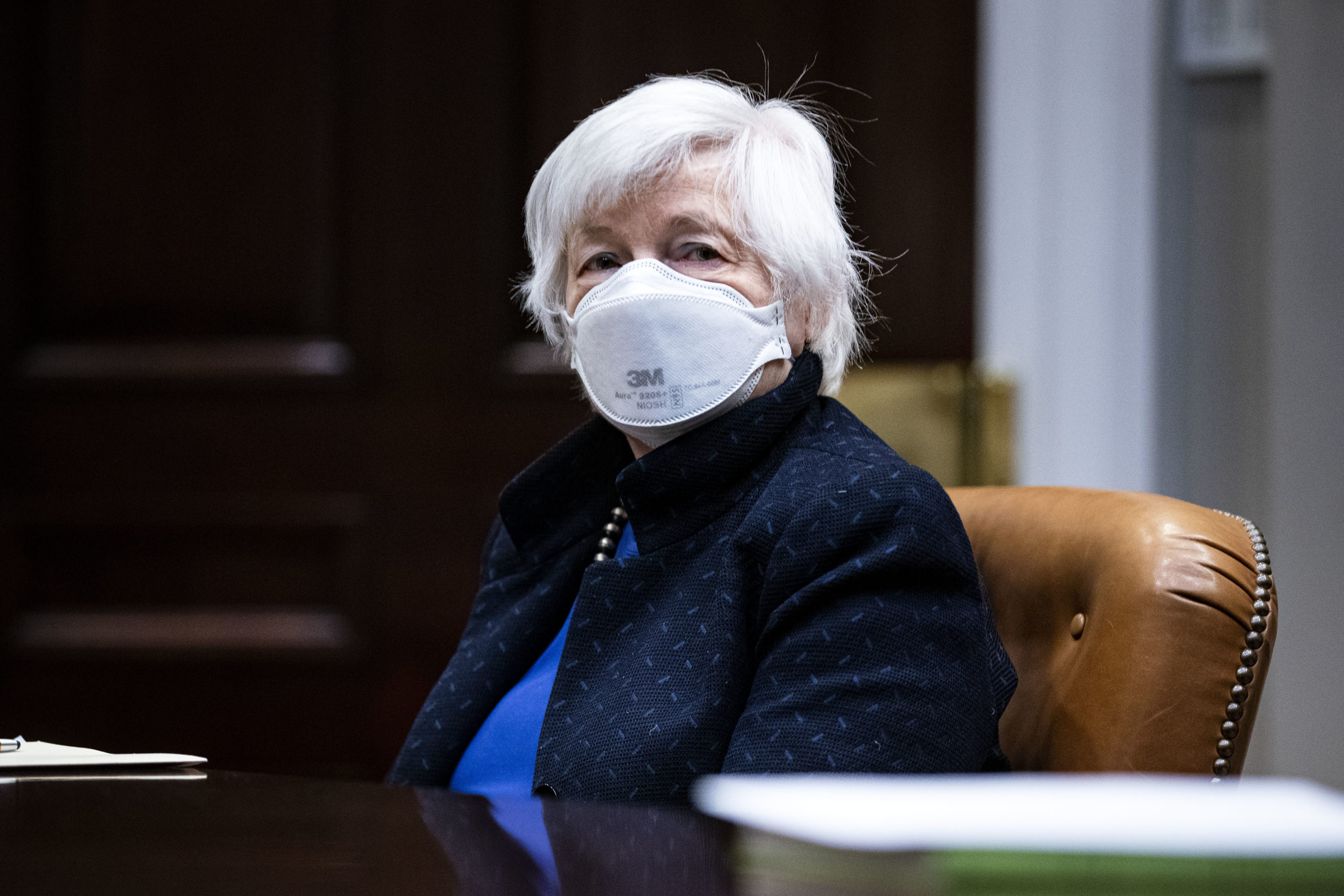 Treasury Secretary Janet Yellen listens during a meeting with President Joe Biden on March 5. (Al Drago/Pool/Getty Images)