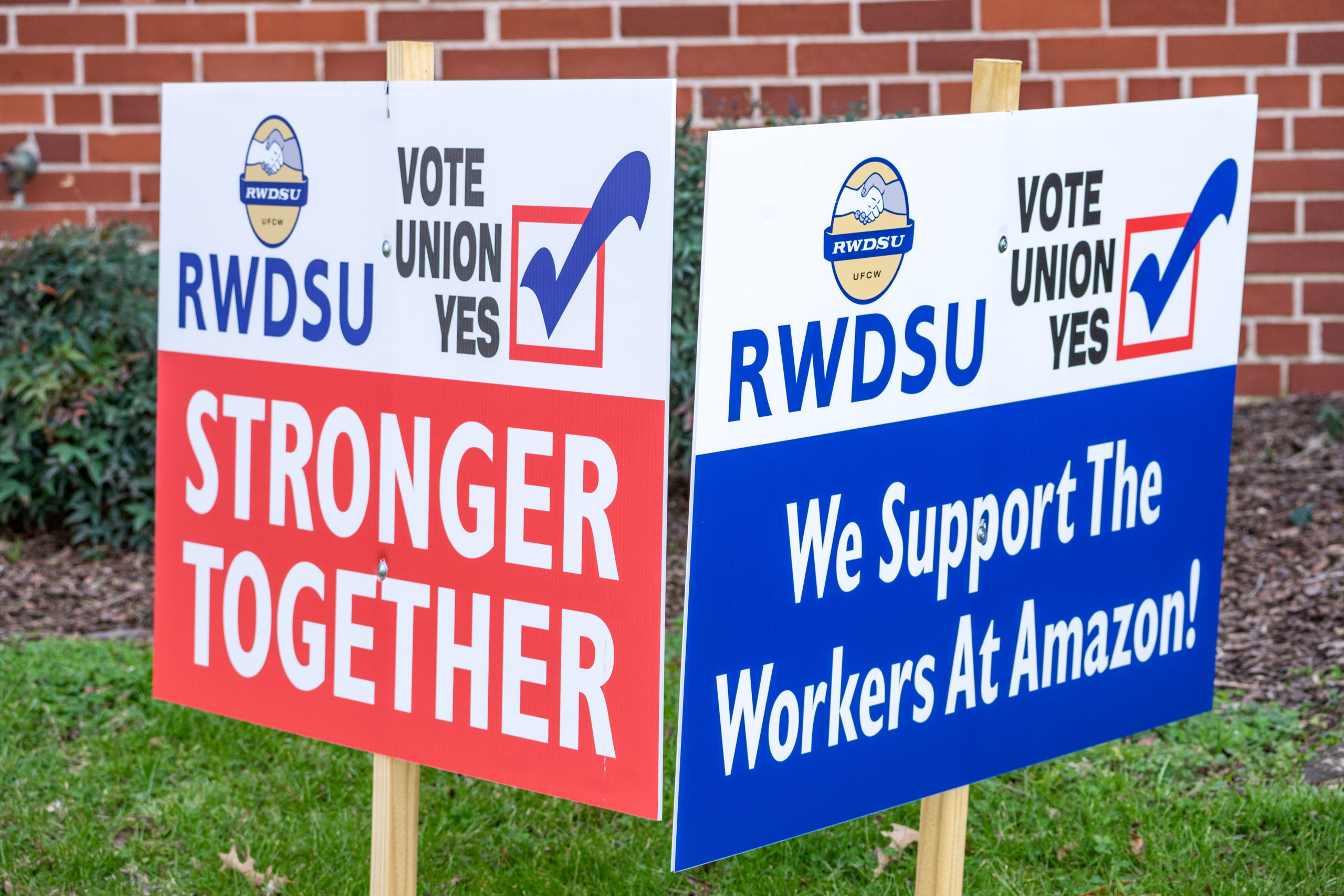 Pro-unionization signs are pictured on March 5 outside of Amazon's Bessemer, Alabama facility. (Megan Varner/Getty Images)