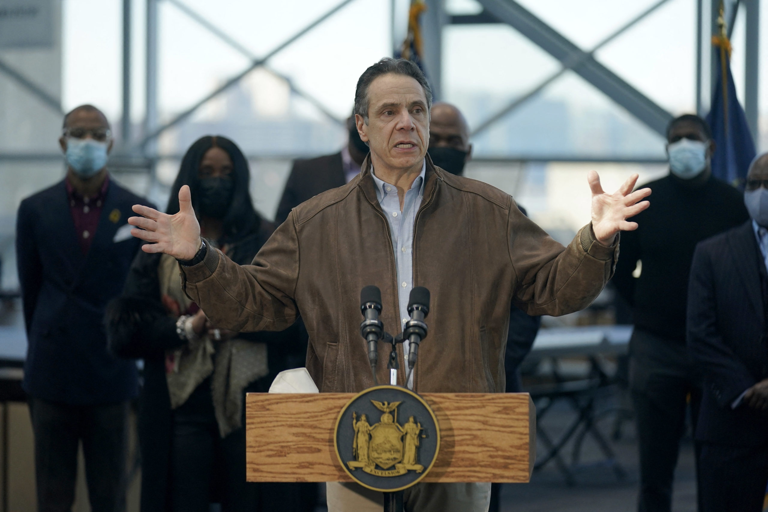New York Governor Andrew Cuomo speaks at a vaccination site on March 8, 2021, in New York. (SETH WENIG/POOL/AFP via Getty Images)