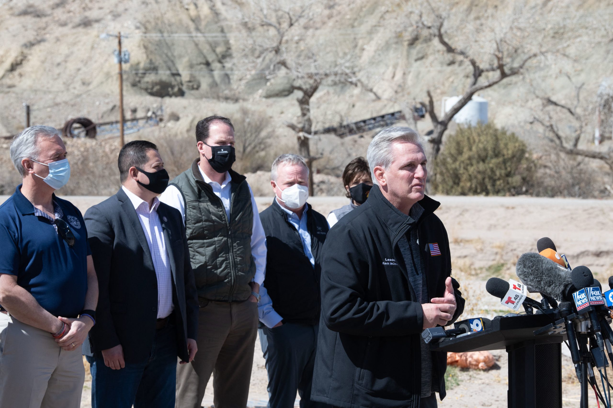 House Minority Leader Kevin McCarthy addresses the press during the congressional border delegation visit to El Paso, Texas on March 15, 2021. (JUSTIN HAMEL/AFP via Getty Images)