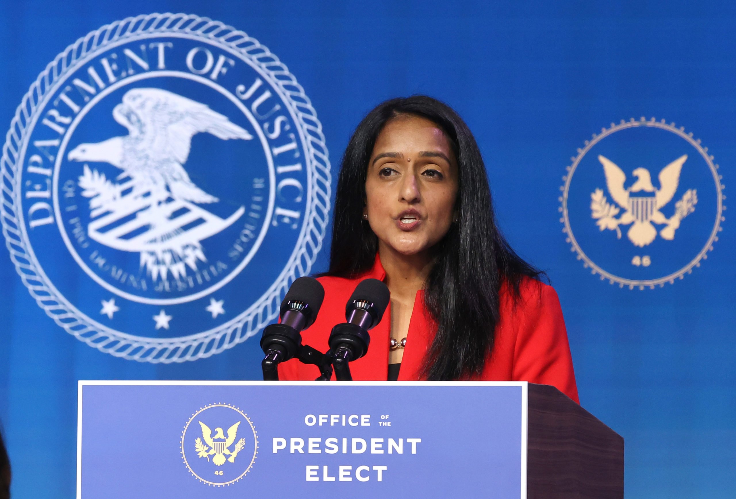 WILMINGTON, DELAWARE - JANUARY 07: Vanita Gupta delivers remarks after being nominated to be U.S. associate attorney general by President-elect Joe Biden at The Queen theater January 07, 2021 in Wilmington, Delaware. From 2014 to 2017 Gupta served as the head of the Justice Department’s Civil Rights Division during the Obama Administration. (Photo by Chip Somodevilla/Getty Images)
