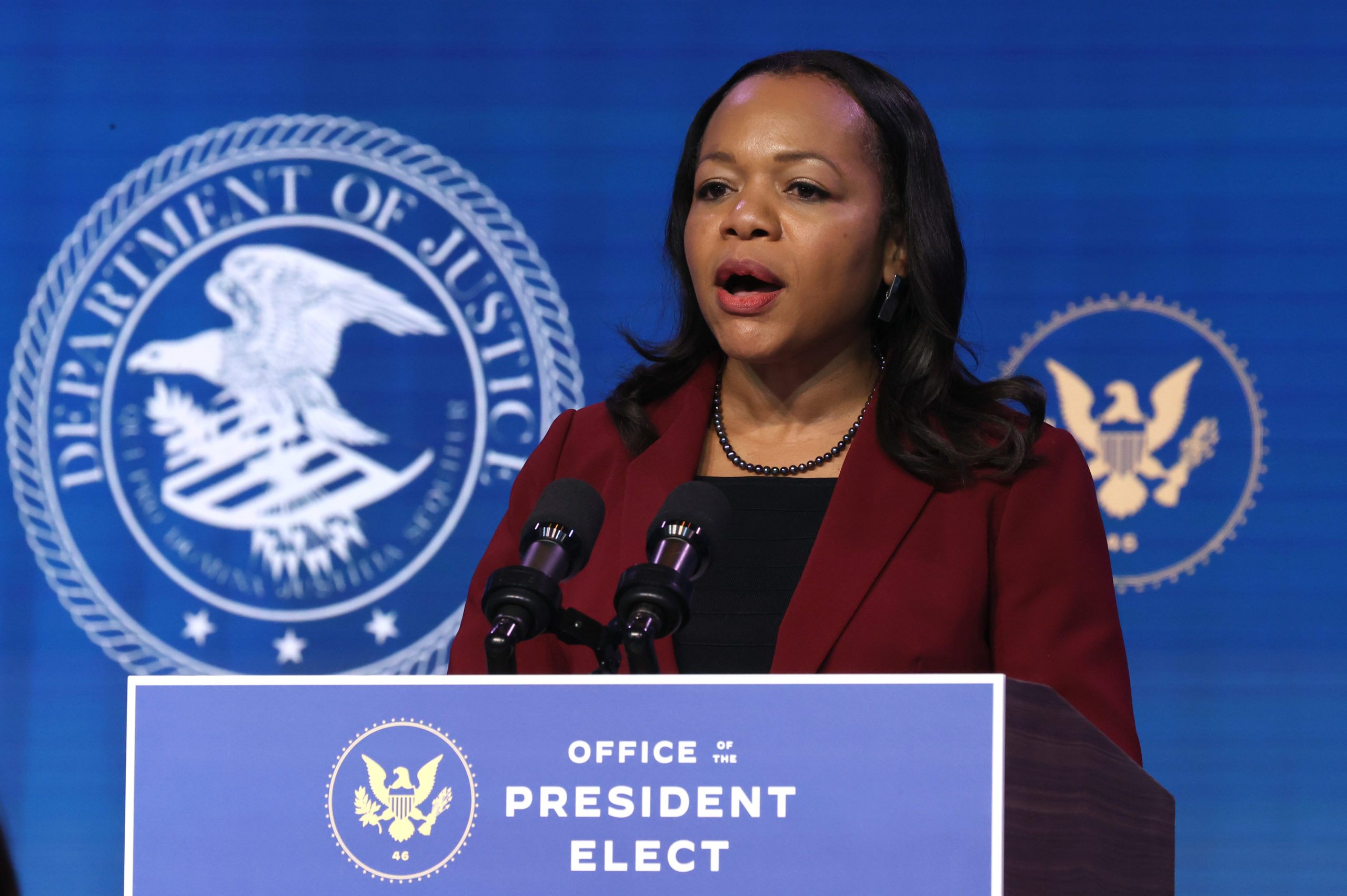 WILMINGTON, DELAWARE - JANUARY 07: Kristen Clarke delivers remarks after being nominated to be civil rights division assistant attorney general by President-elect Joe Biden at The Queen theater January 07, 2021 in Wilmington, Delaware. From 2014 to 2017 Gupta served as the head of the Justice Department’s Civil Rights Division during the Obama Administration. (Photo by Chip Somodevilla/Getty Images)