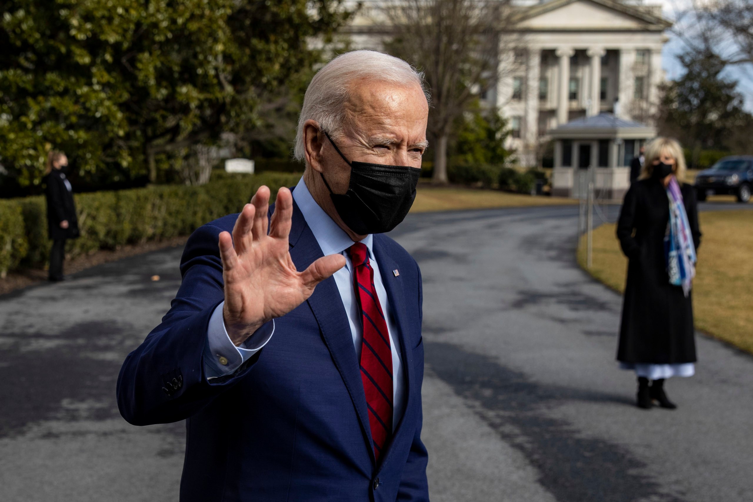 WASHINGTON, DC - FEBRUARY 27: U.S. President Joe Biden speaks to the media at the White House before he walks to Marine on the south lawn on February 27, 2021 in Washington, DC. President Joe Biden and first lady head to Wilmington, Delaware for the weekend. (Photo by Tasos Katopodis/Getty Images)