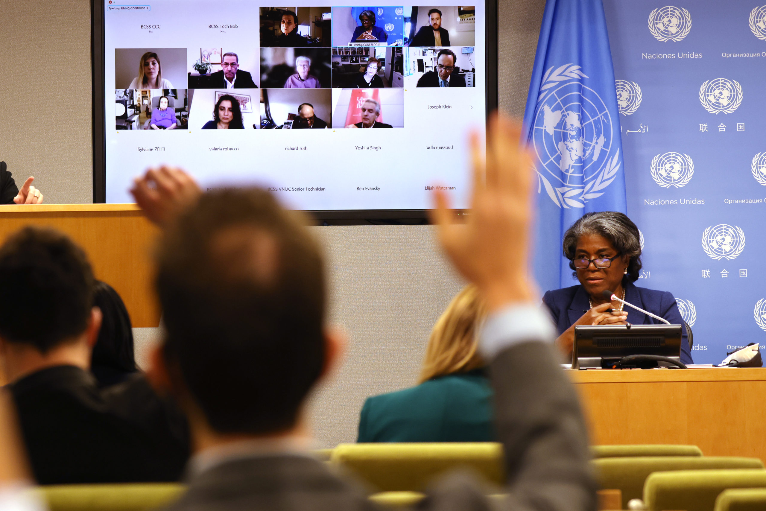Linda Thomas-Greenfield, the new Ambassador to the United Nations, speaks to the media on Monday in New York City. (Spencer Platt/Getty Images)