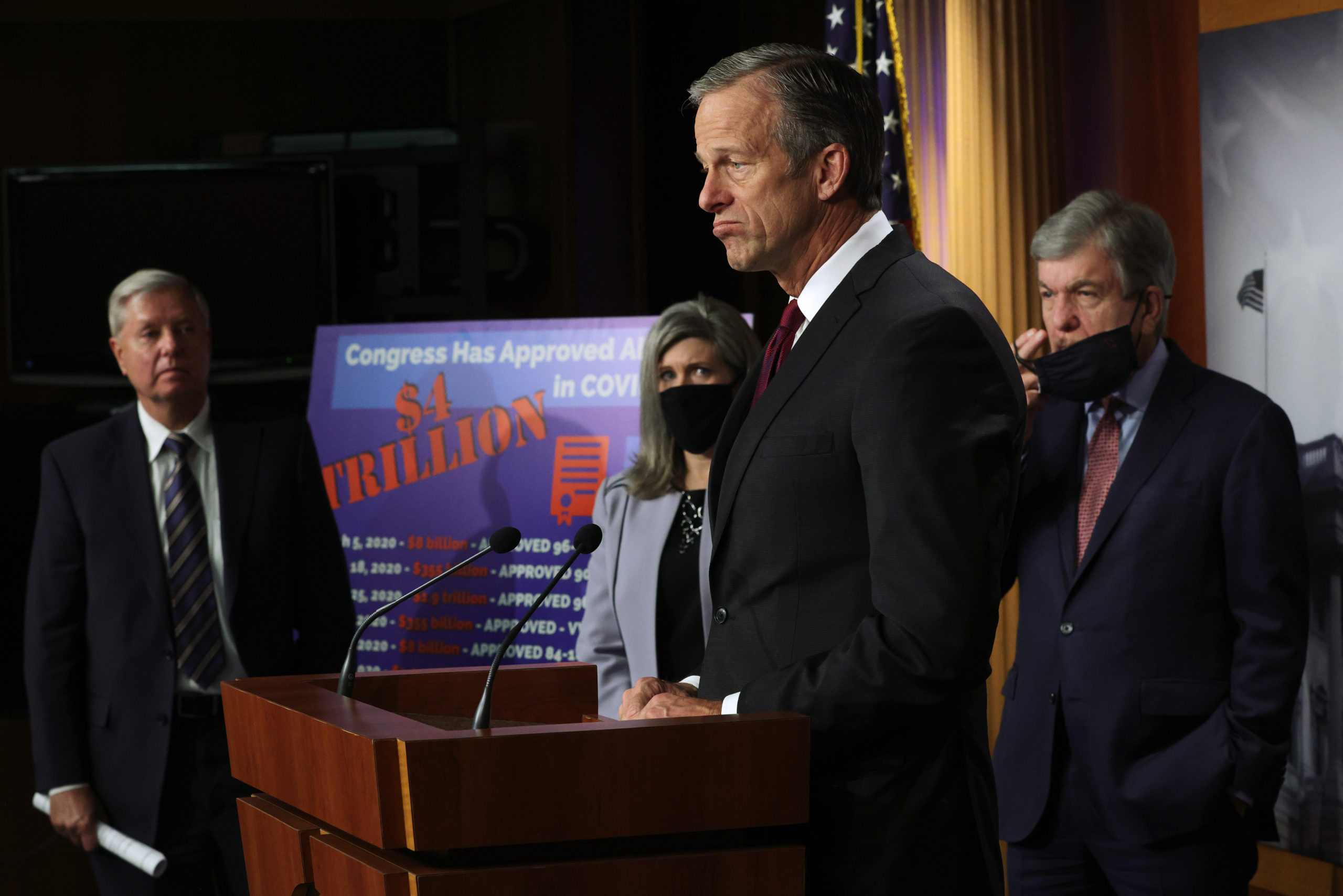 Minority Whip Sen. John Thune speaks about the Democratic stimulus package alongside other Republican senators on March 5. (Alex Wong/Getty Images)