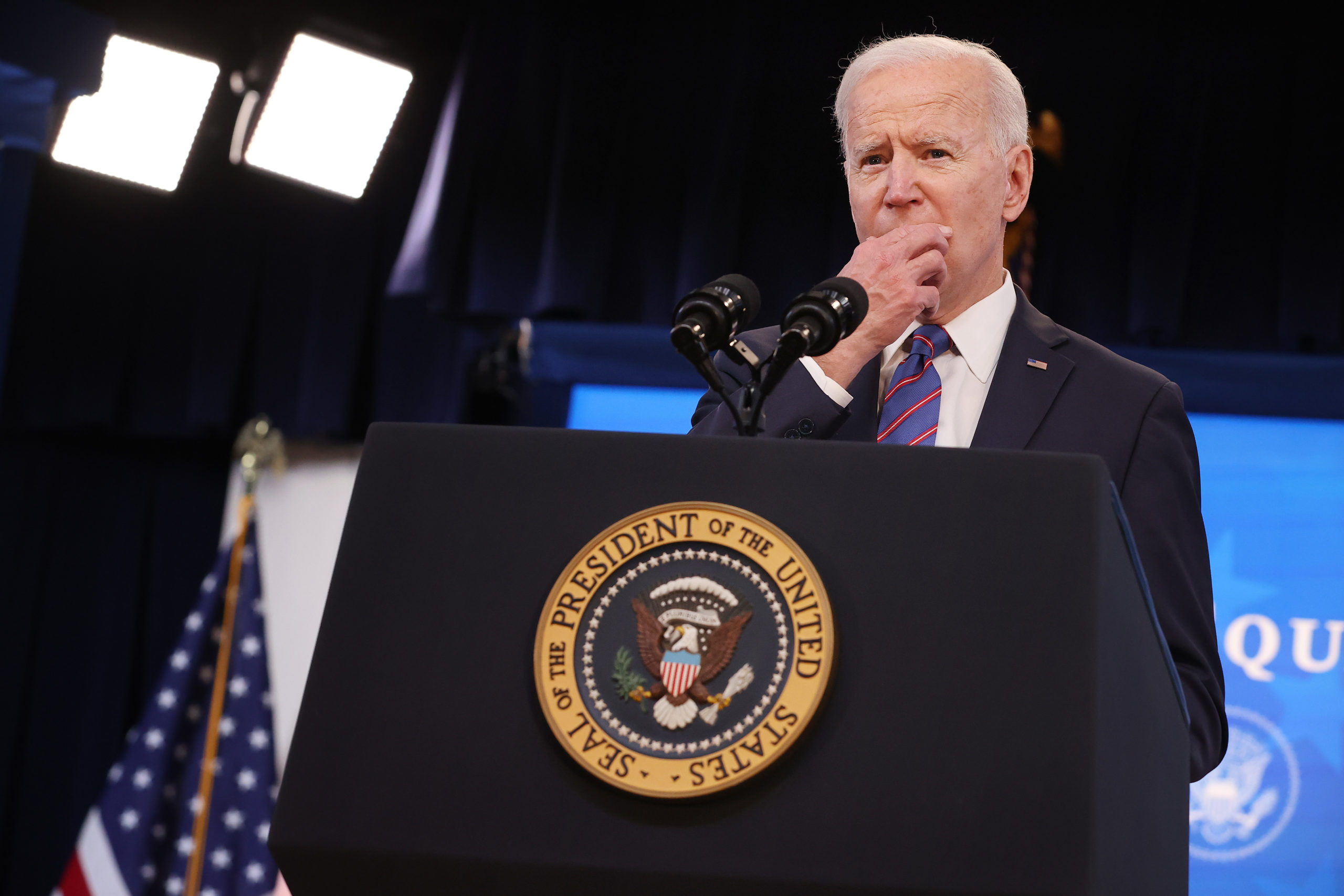 WASHINGTON, DC - MARCH 24: U.S. President Joe Biden delivers remarks during an Equal Pay Day event in the South Court Auditorium in the Eisenhower Executive Office Building on March 24, 2021 in Washington, DC. Highlighting the gender pay gap, Equal Pay Day raises awareness that women in the United States earned $0.82 for every dollar men earned in 2019, according to the National Committee on Pay Equity. (Photo by Chip Somodevilla/Getty Images)