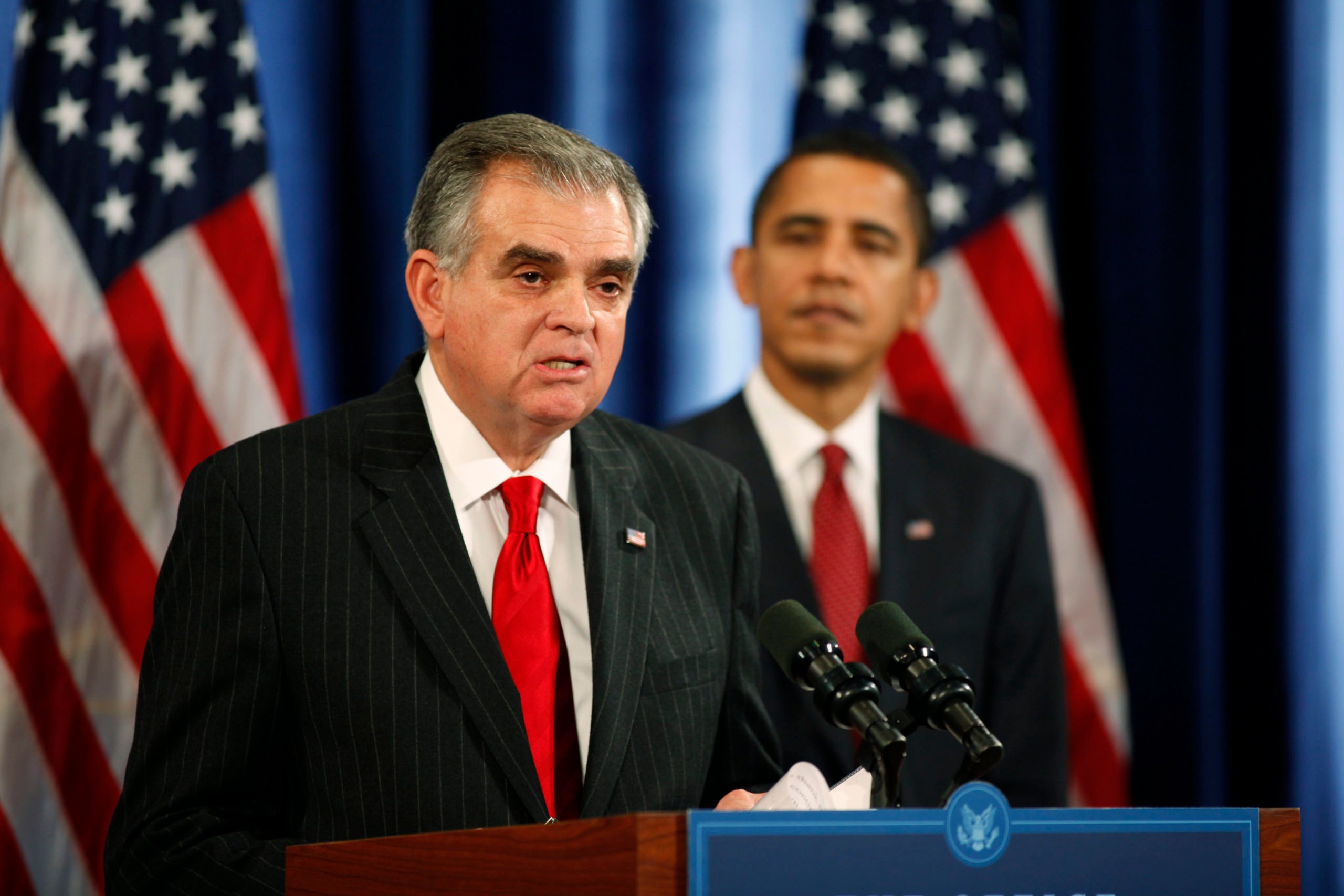 CHICAGO - DECEMBER 19: U.S. Rep. Ray LaHood (R-IL), nominated for transportation secretary speaks with the media as President-elect Barack Obama looks on during a press conference at the Drake Hotel December 19, 2008 in Chicago, Illinois. Obama also made a statement about the U.S. President George W. Bush's auto industry loan package. (Photo by Ann Ryan-Pool/Getty Images)