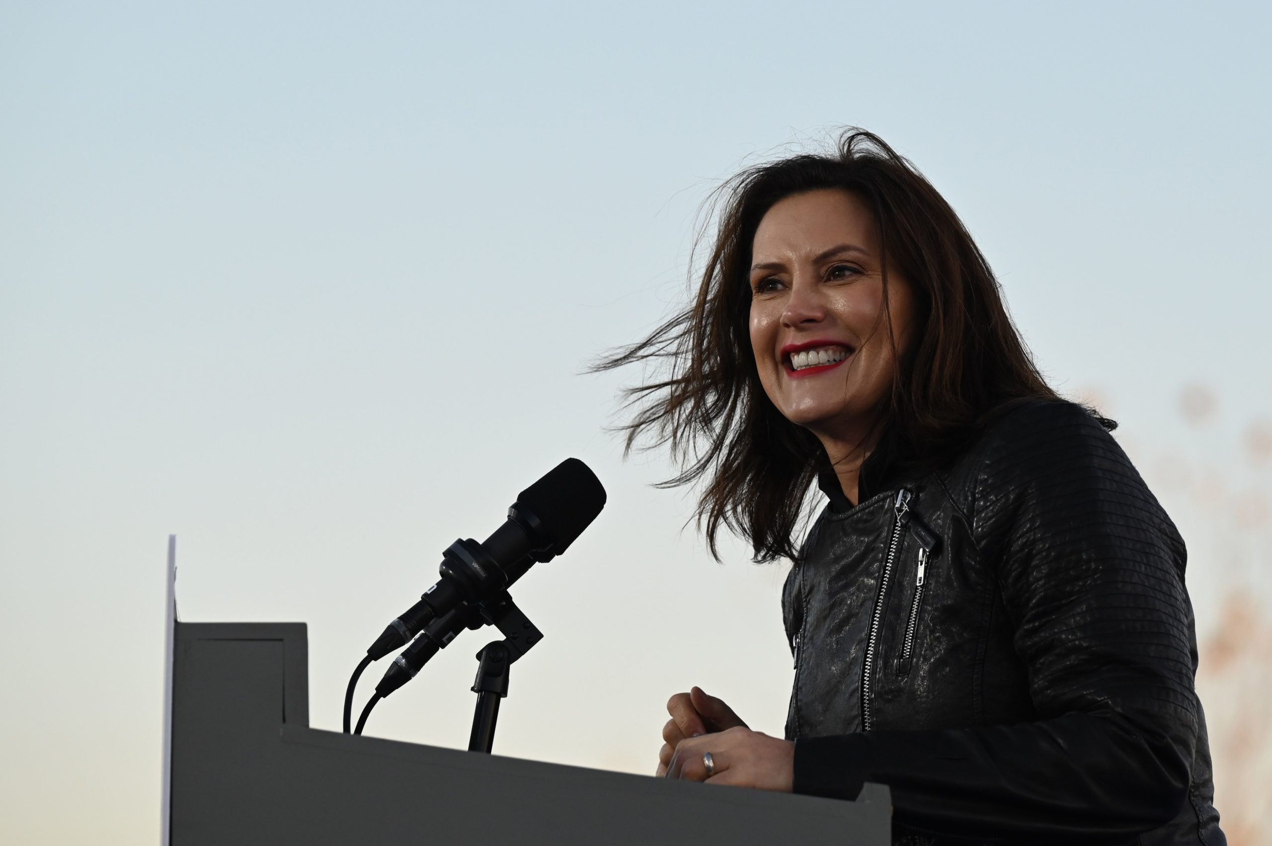 Michigan Governor Gretchen Whitmer speaks during a mobilization event at Belle Isle Casino in Detroit, Michigan, with former US President Barack Obama and Democratic Presidential candidate and former US Vice President Joe Biden, on October 31, 2020. (JIM WATSON/AFP via Getty Images)