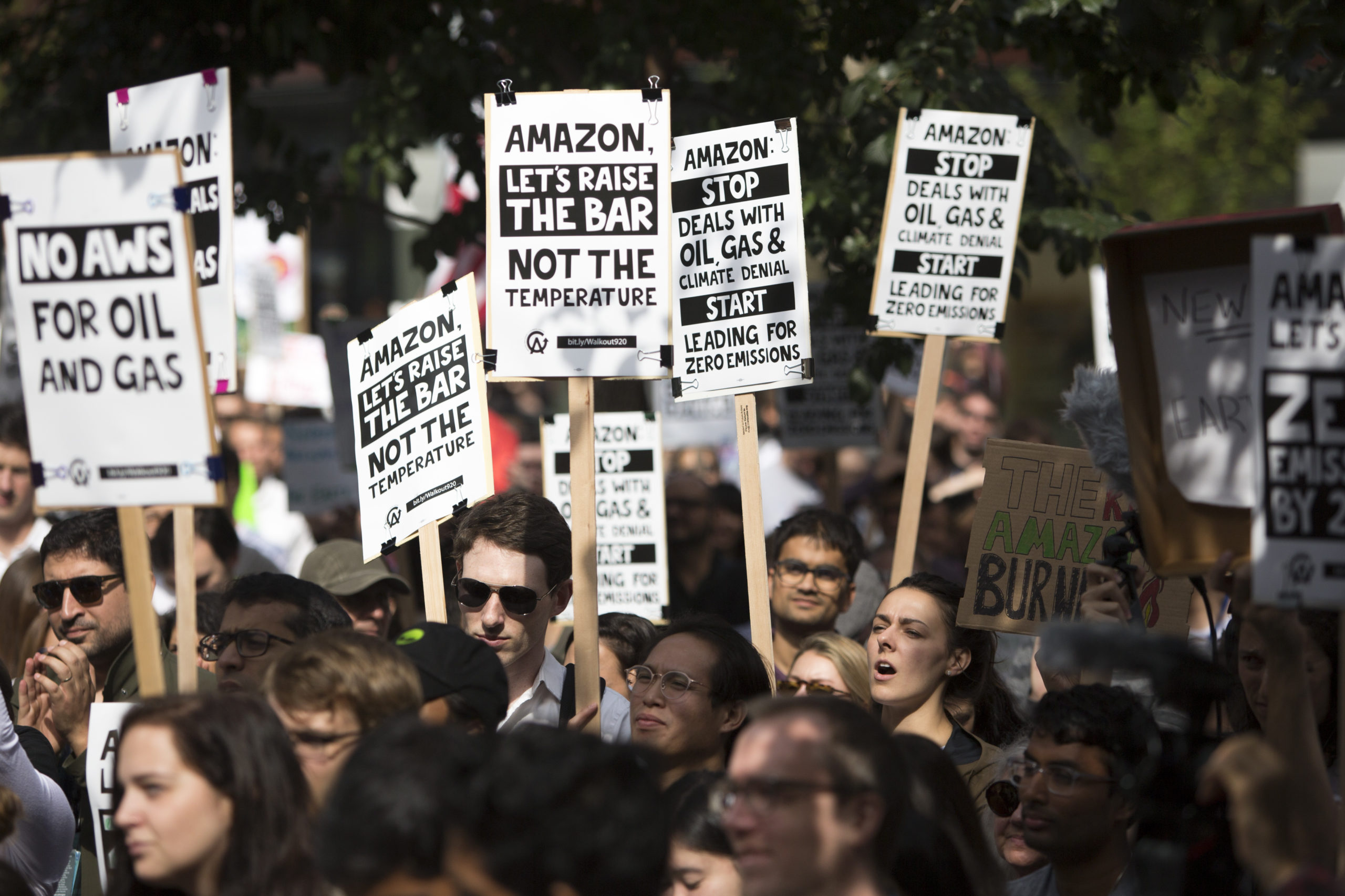 Amazon Employees for Climate Justice lead a walk out and rally at the company's headquarters in Seattle, Washington on Sept. 20, 2019. (Jason Redmond/AFP via Getty Images)