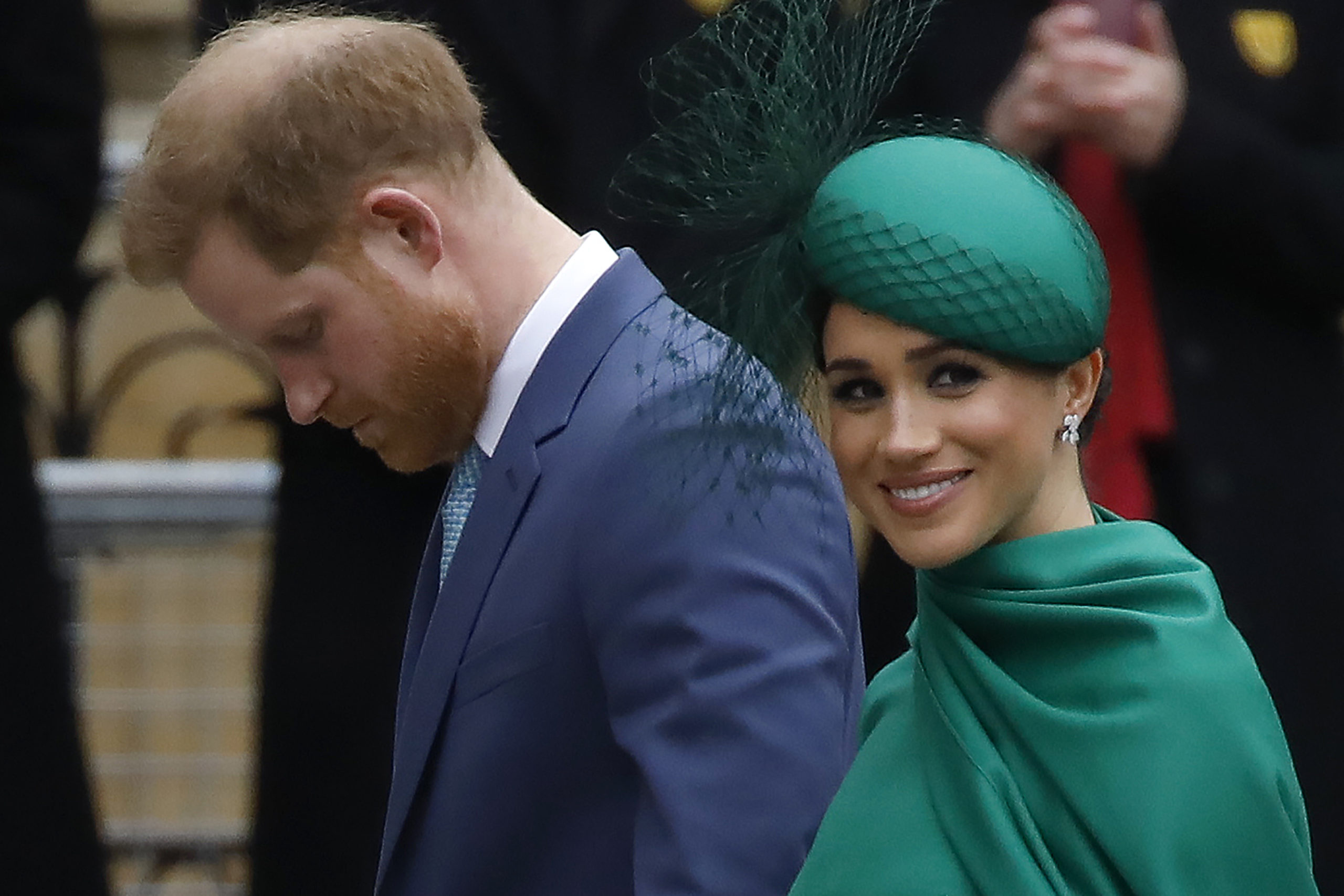 Britain's Prince Harry, Duke of Sussex, (L) and Meghan, Duchess of Sussex arrive to attend the annual Commonwealth Service at Westminster Abbey in London on March 09, 2020. (TOLGA AKMEN/AFP via Getty Images)