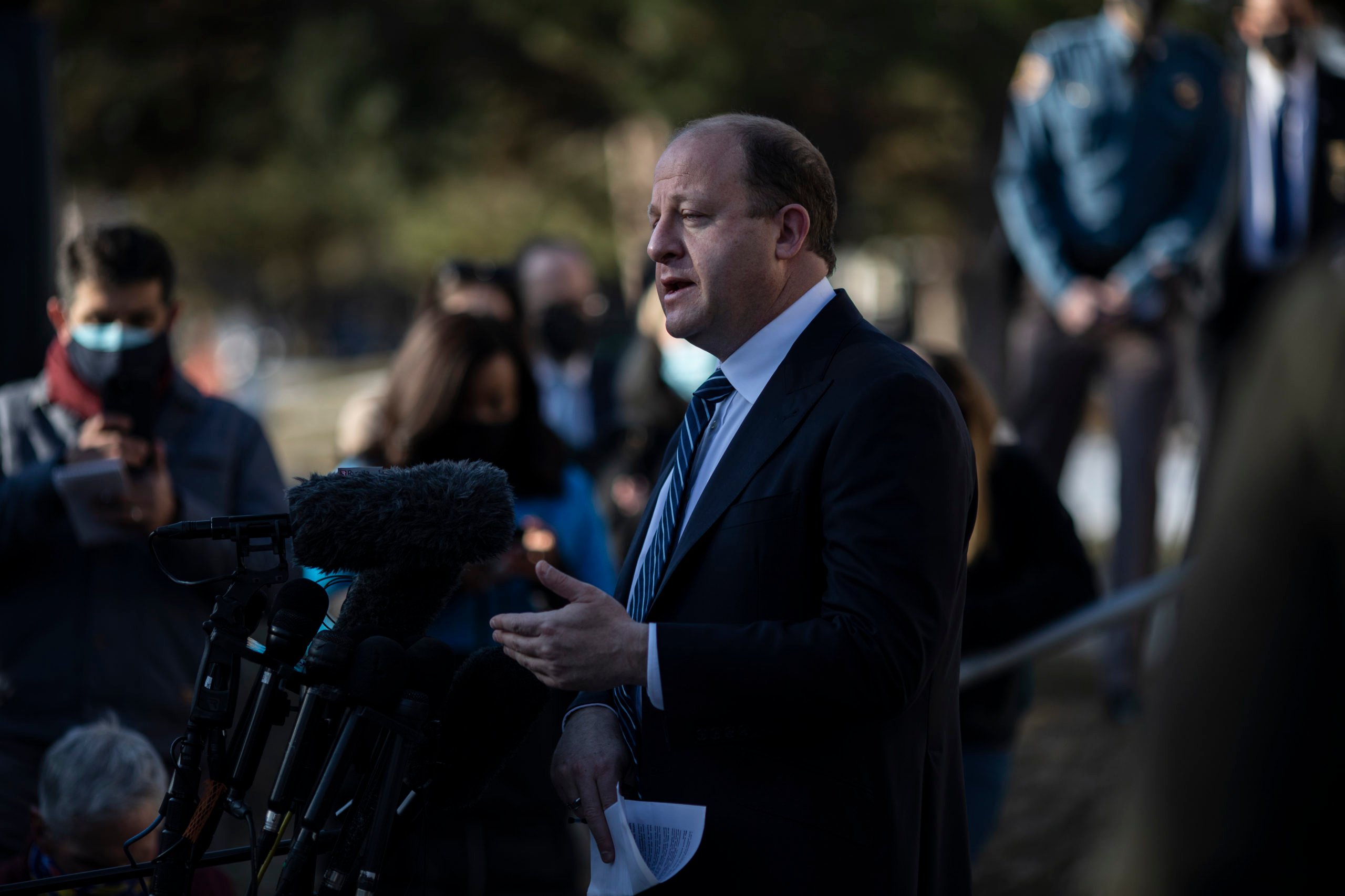 BOULDER, CO - MARCH 23: Colorado Governor Jared Polis speaks at a press conference the morning after a gunman opened fire at a King Sooper's grocery store on Monday on March 23, 2021 in Boulder, Colorado. Ten people were killed in the attack. (Photo by Chet Strange/Getty Images)
