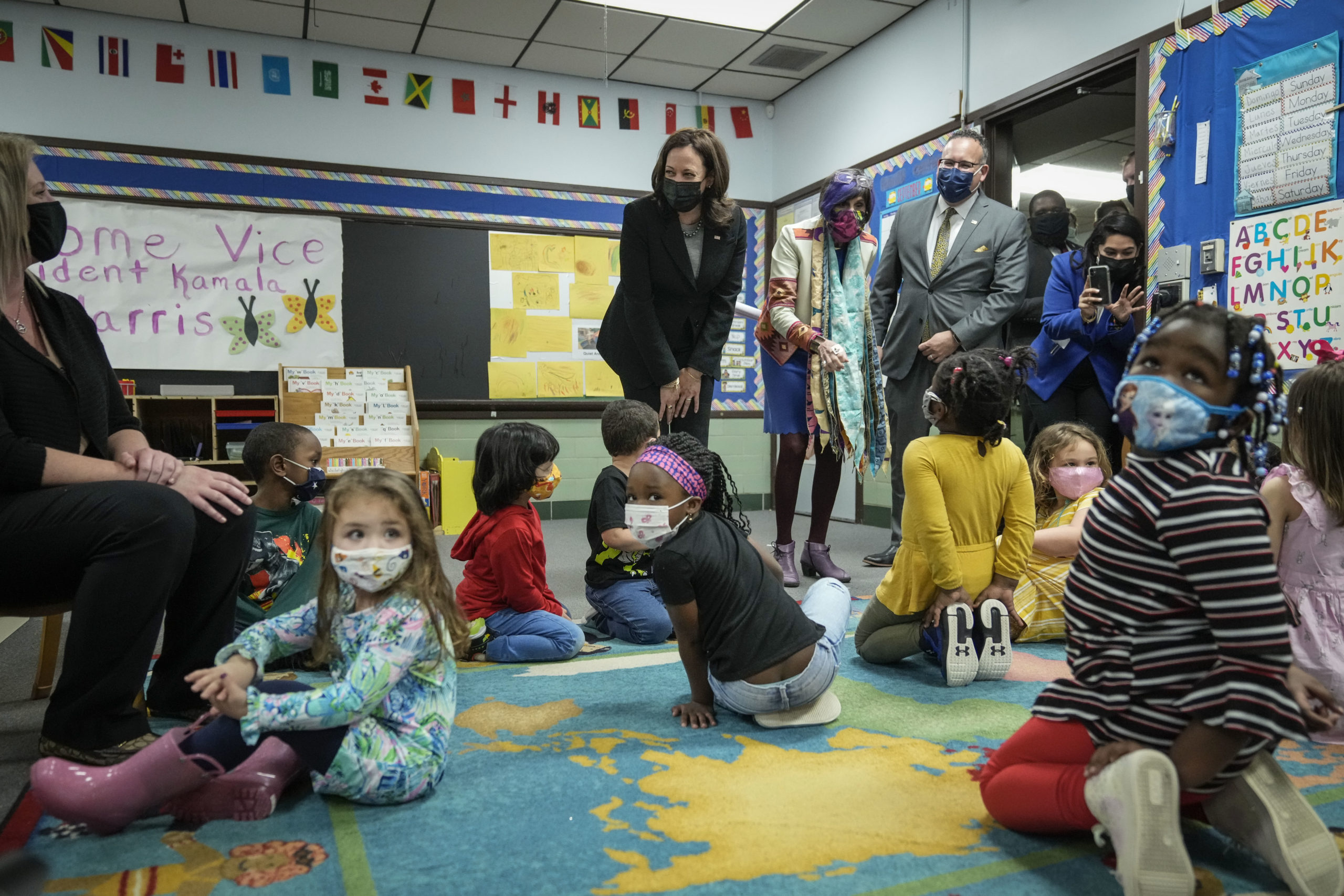 Vice President Kamala Harris and Secretary of Education Miguel Cardona visit a classroom on March 26 in West Haven, Connecticut. (Drew Angerer/Getty Images)