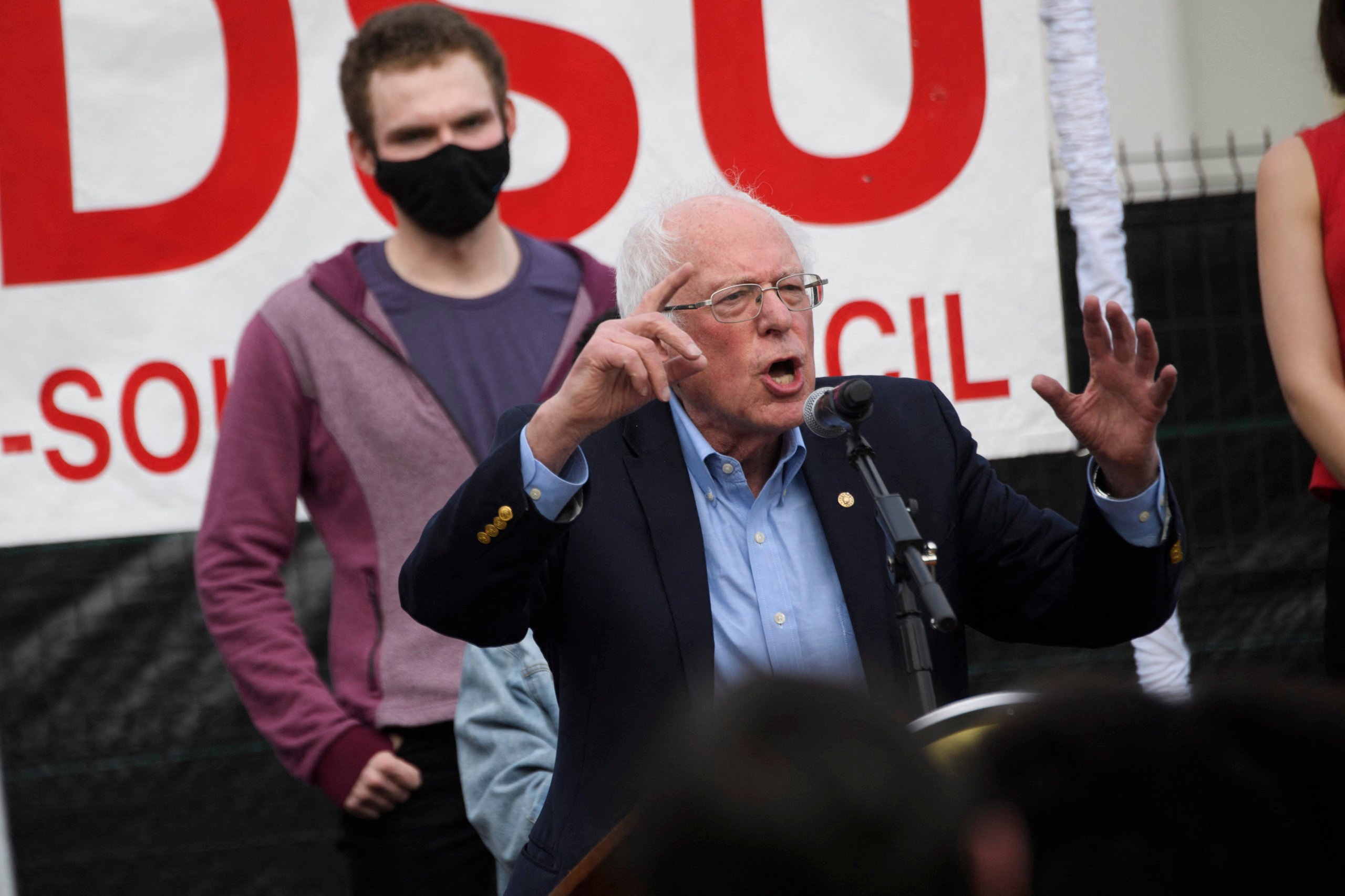 Sen. Bernie Sanders speaks in support of the unionization of Amazon workers in Alabama on March 26. (Patrick T. Fallon/AFP via Getty Images)