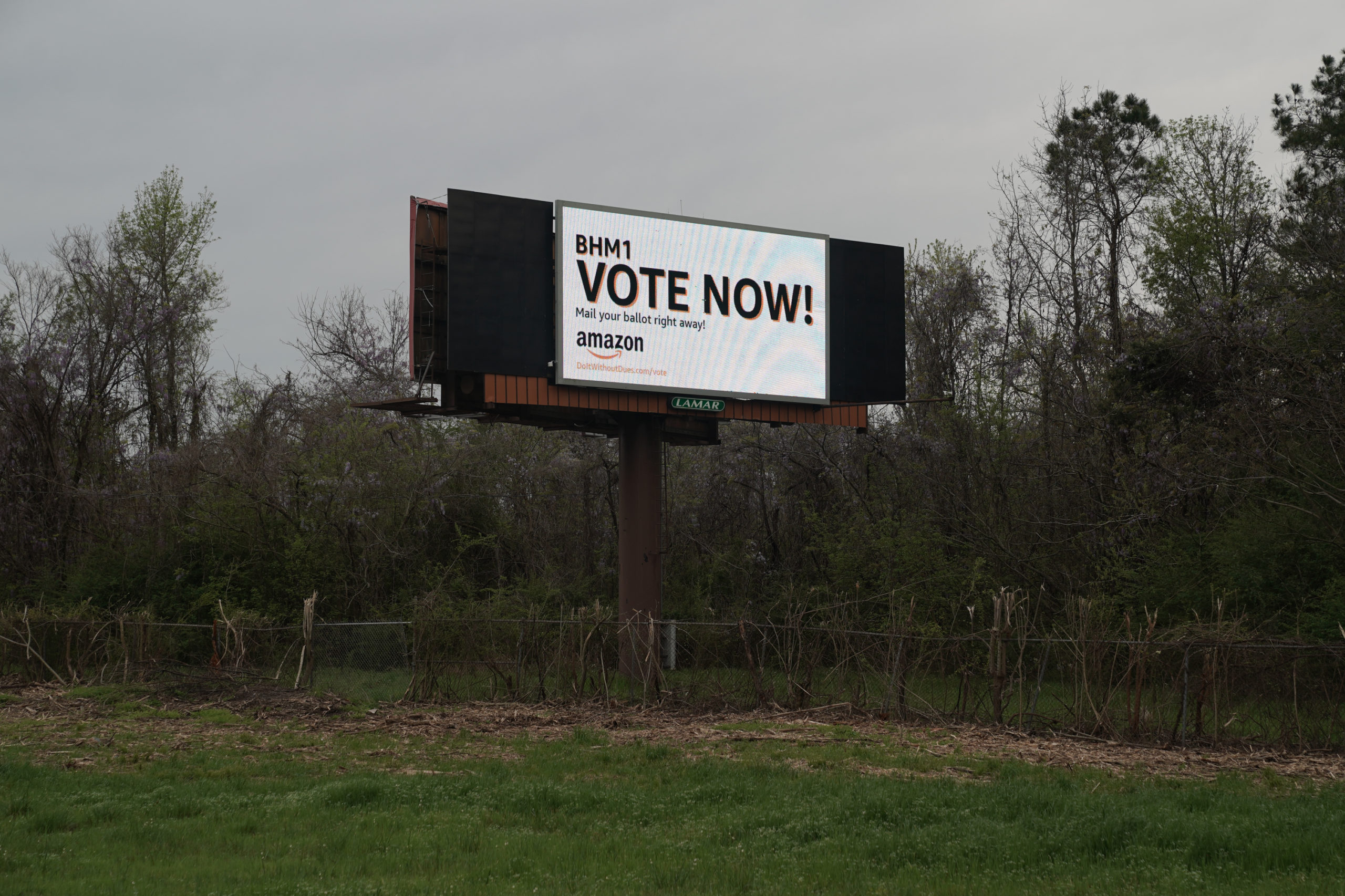 An Amazon-sponsored billboard urging employees to return their unionization ballots is seen on March 28 in Bessemer, Alabama. (Elijah Nouvelage/Getty Images)