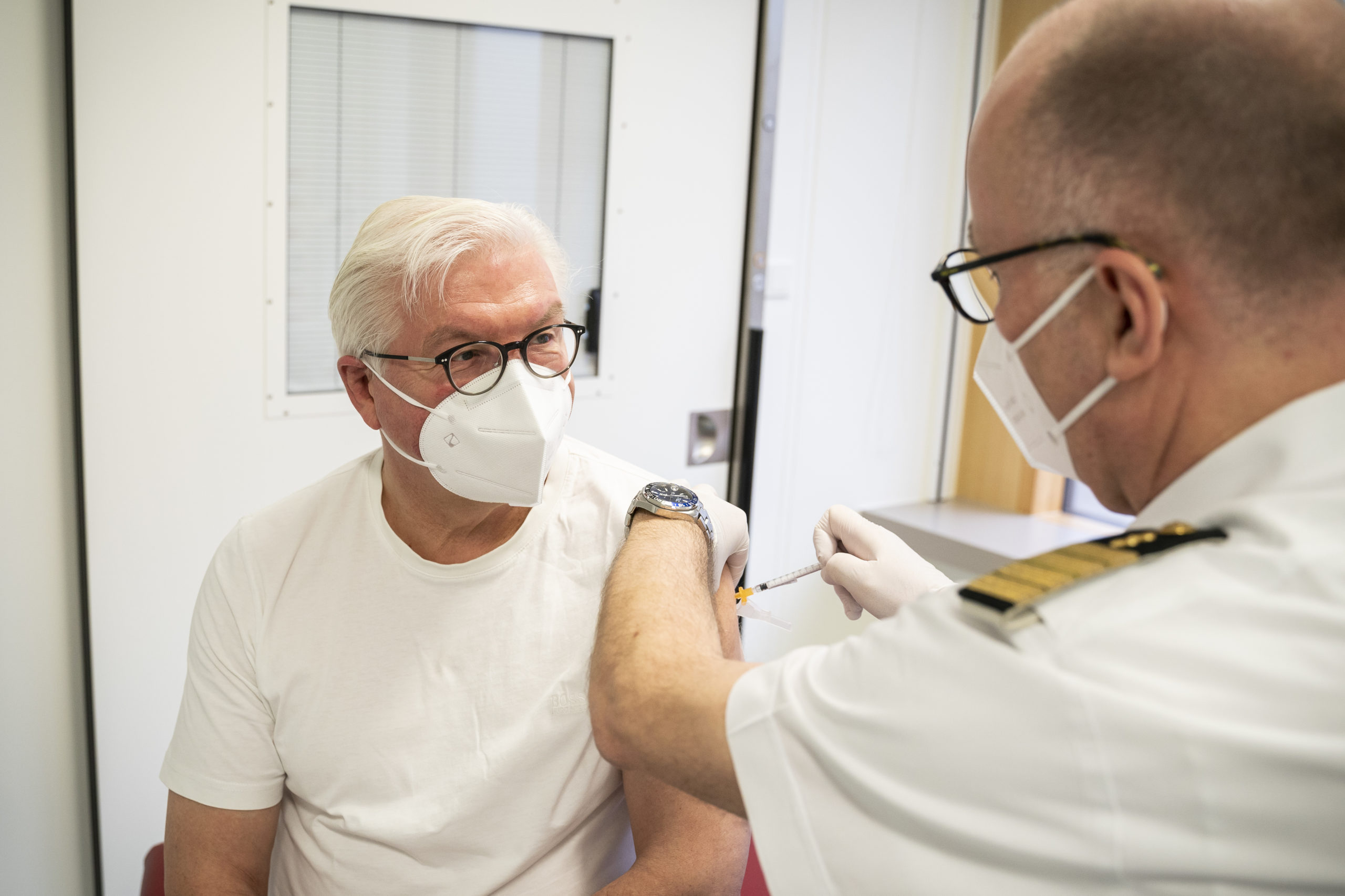 Germany Federal President Frank-Walter Steinmeier receives a dose of the AstraZeneca vaccine at the Bundeswehr Hospital on April 1 in Berlin, Germany. (Steffen Kugler/Bundesregierung via Getty Images)
