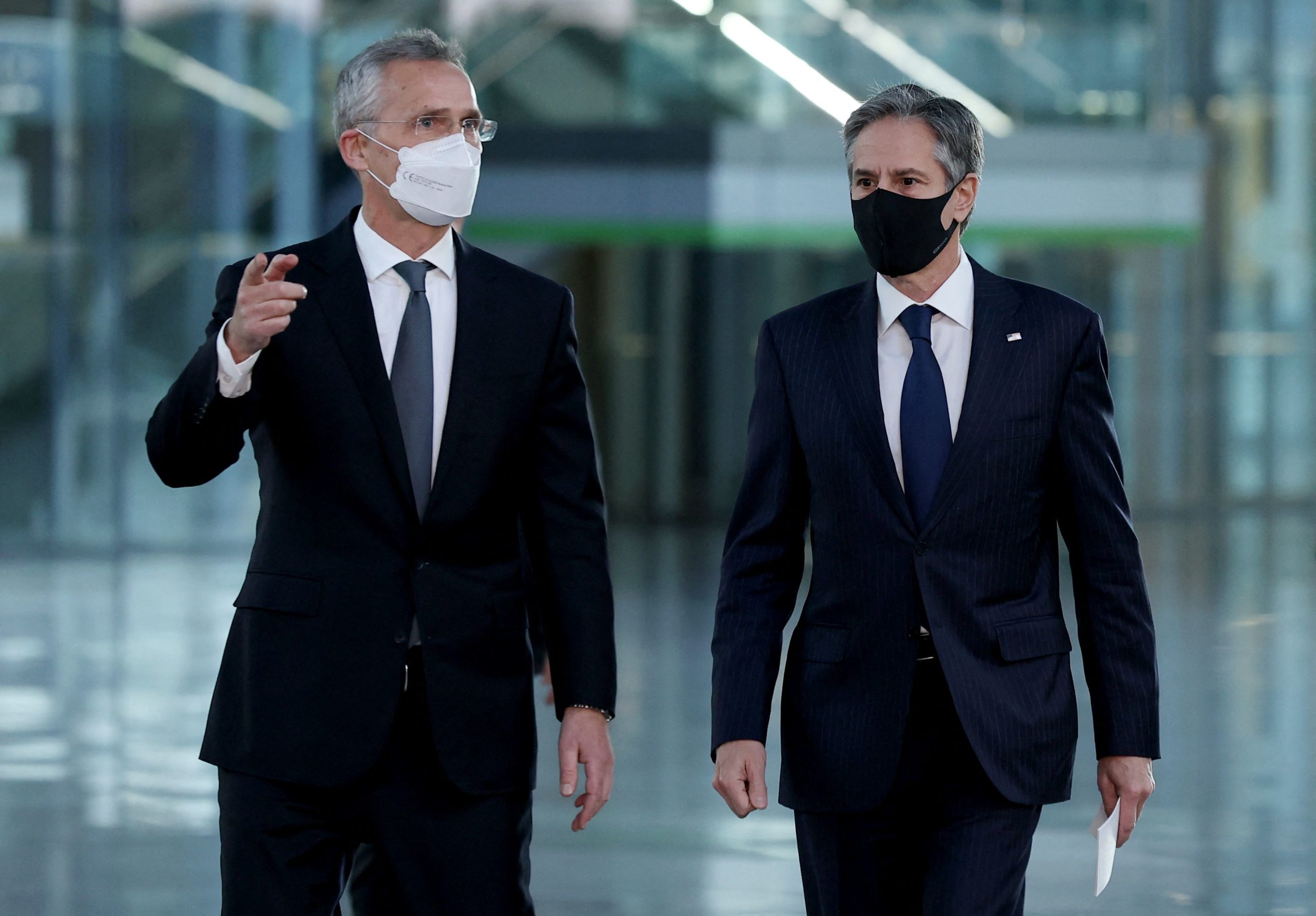 Secretary of State Antony Blinken and NATO's chief Jens Stoltenberg arrive for a press conference on Wednesday in Brussels, Belgium. (Kenzo Tribouillard/Pool/AFP via Getty Images)