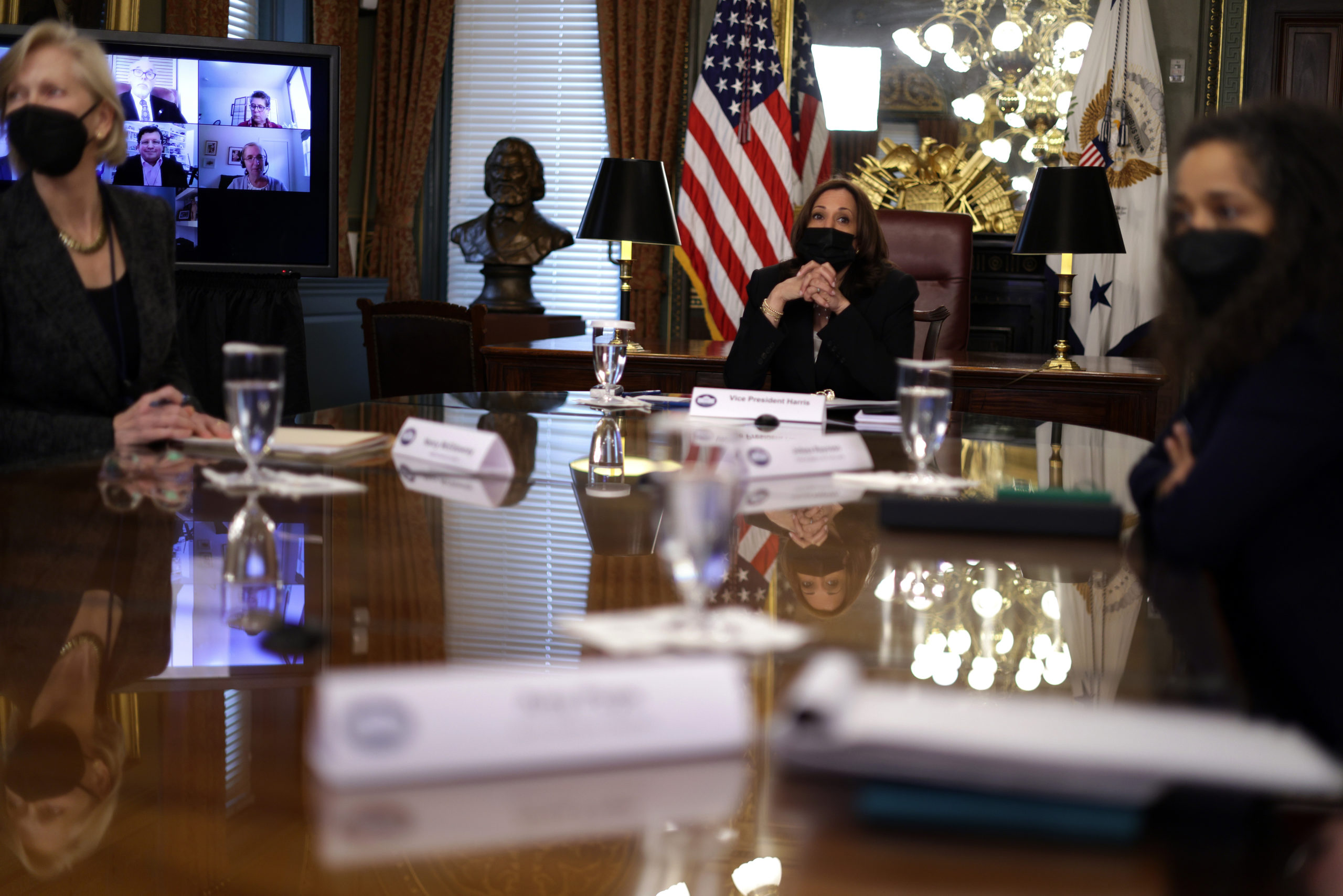 WASHINGTON, DC - APRIL 14: U.S. Vice President Kamala Harris participates in a virtual roundtable with experts on the southern border crisis at the Vice President’s Ceremonial Office at Eisenhower Executive Office Building of the White House on April 14, 2021 in Washington, DC. Vice President Harris convened the meeting to discuss assessments and recommendations for the immigration crisis in the region. (Photo by Alex Wong/Getty Images)