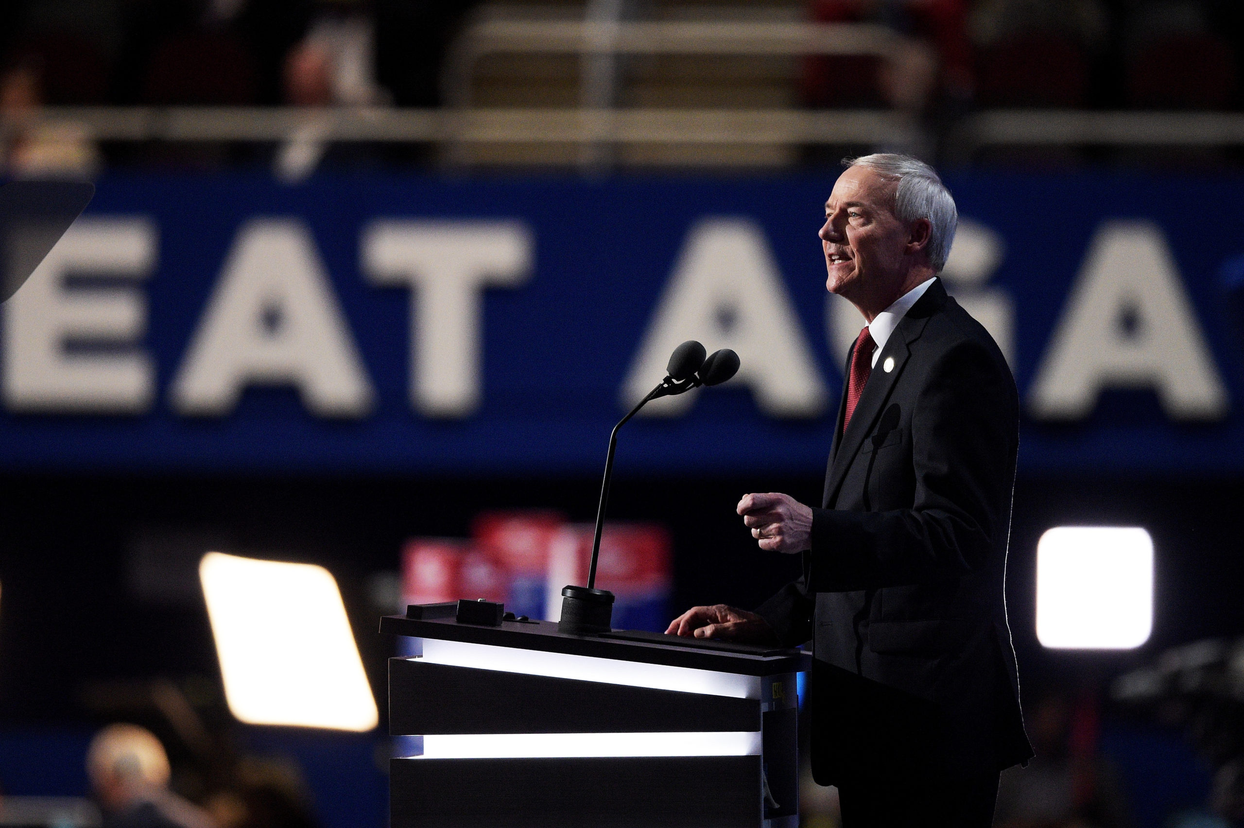 CLEVELAND, OH - JULY 19: Gov. Asa Hutchinson (R-AR) delivers a speech on the second day of the Republican National Convention on July 19, 2016 at the Quicken Loans Arena in Cleveland, Ohio. Republican presidential candidate Donald Trump received the number of votes needed to secure the party's nomination. An estimated 50,000 people are expected in Cleveland, including hundreds of protesters and members of the media. The four-day Republican National Convention kicked off on July 18. (Photo by Jeff Swensen/Getty Images)