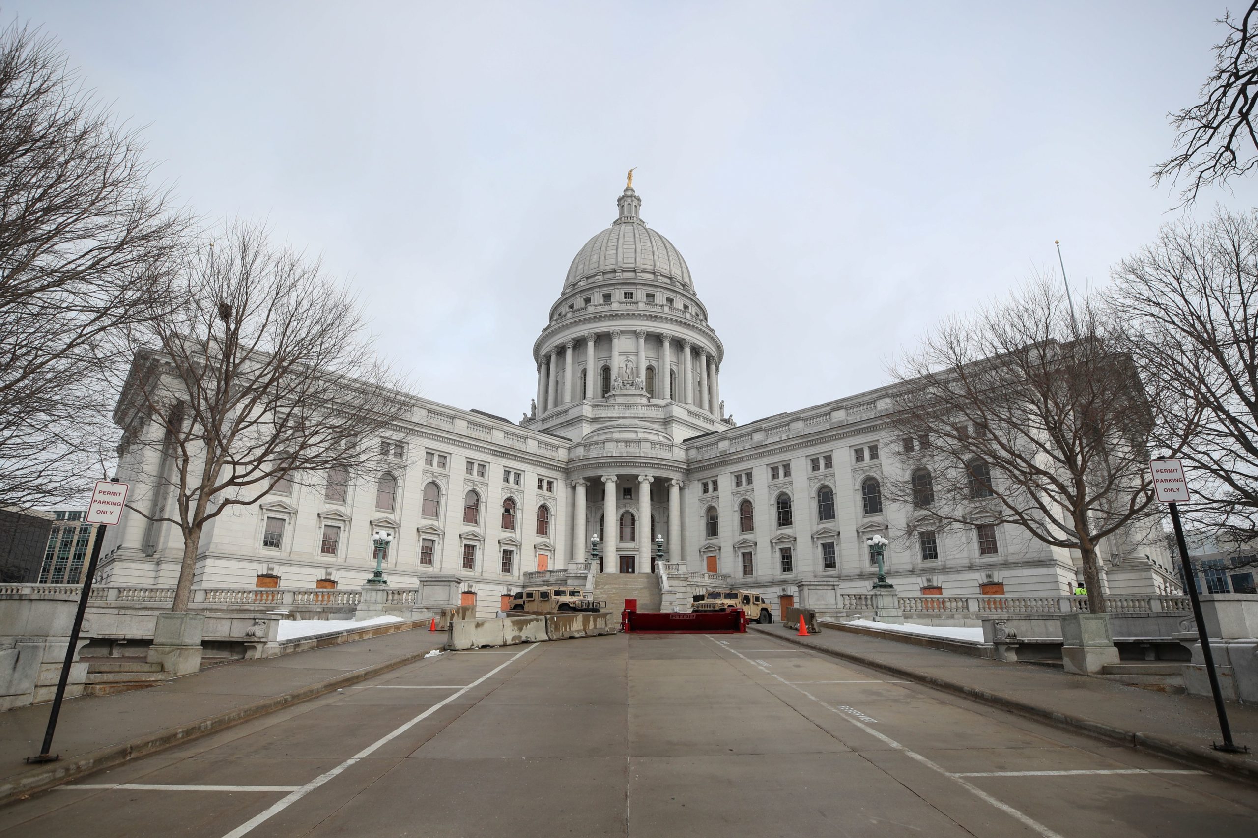 Barricades are seen in front of the State Capitol in Madison, Wisconsin, on January 17, 2021, during a nationwide protest called by anti-government and far-right groups supporting US President Donald Trump and his claim of electoral fraud in the November 3 presidential election. - The FBI warned authorities in all 50 states to prepare for armed protests at state capitals in the days leading up to the January 20 presidential inauguration of President-elect Joe Biden. (Photo by KAMIL KRZACZYNSKI / AFP) (Photo by KAMIL KRZACZYNSKI/AFP via Getty Images)
