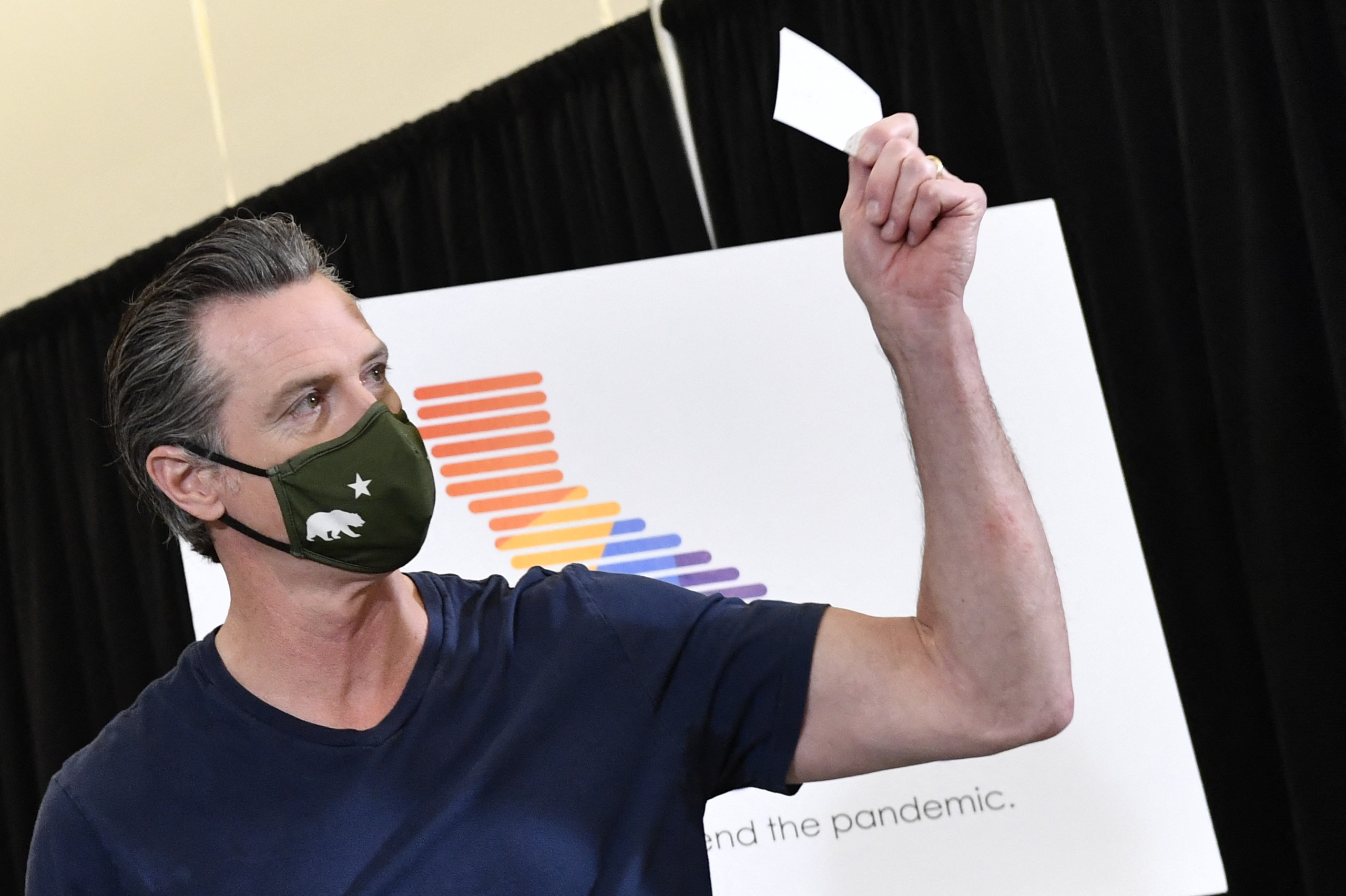 California Governor Gavin Newsom D-CA holds up his card after receiving his dose of the Johnson & Johnson Janssen Covid-19 vaccine in Los Angeles, California on April 1, 2021. - California will make all adults eligible for Covid-19 vaccines from April 15,2021 Governor Gavin Newsom said Thursday, as supply restrictions ease in the most populous US state. (Photo by Patrick T. FALLON / AFP) (Photo by PATRICK T. FALLON/AFP via Getty Images)