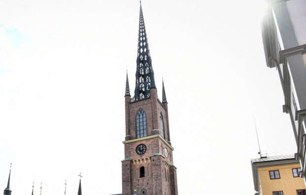 A photo taken on April 17, 2021 shows the Riddarholmen Church in Stockholm, where a ceremony is held to honour Britain's late Prince Philip, Duke of Edinburgh, on the day of the duke's funeral held in Windsor. - Prince Philip was made a Knight of the Order of the Seraphim by Sweden's King Gustaf VI Adolf in 1954. Philip, who was married to Queen Elizabeth II for 73 years, died on April 9 aged 99 just weeks after a month-long stay in hospital for treatment to a heart condition and an infection. - Sweden OUT (Photo by Jessica GOW / TT NEWS AGENCY / AFP) / Sweden OUT (Photo by JESSICA GOW/TT NEWS AGENCY/AFP via Getty Images)