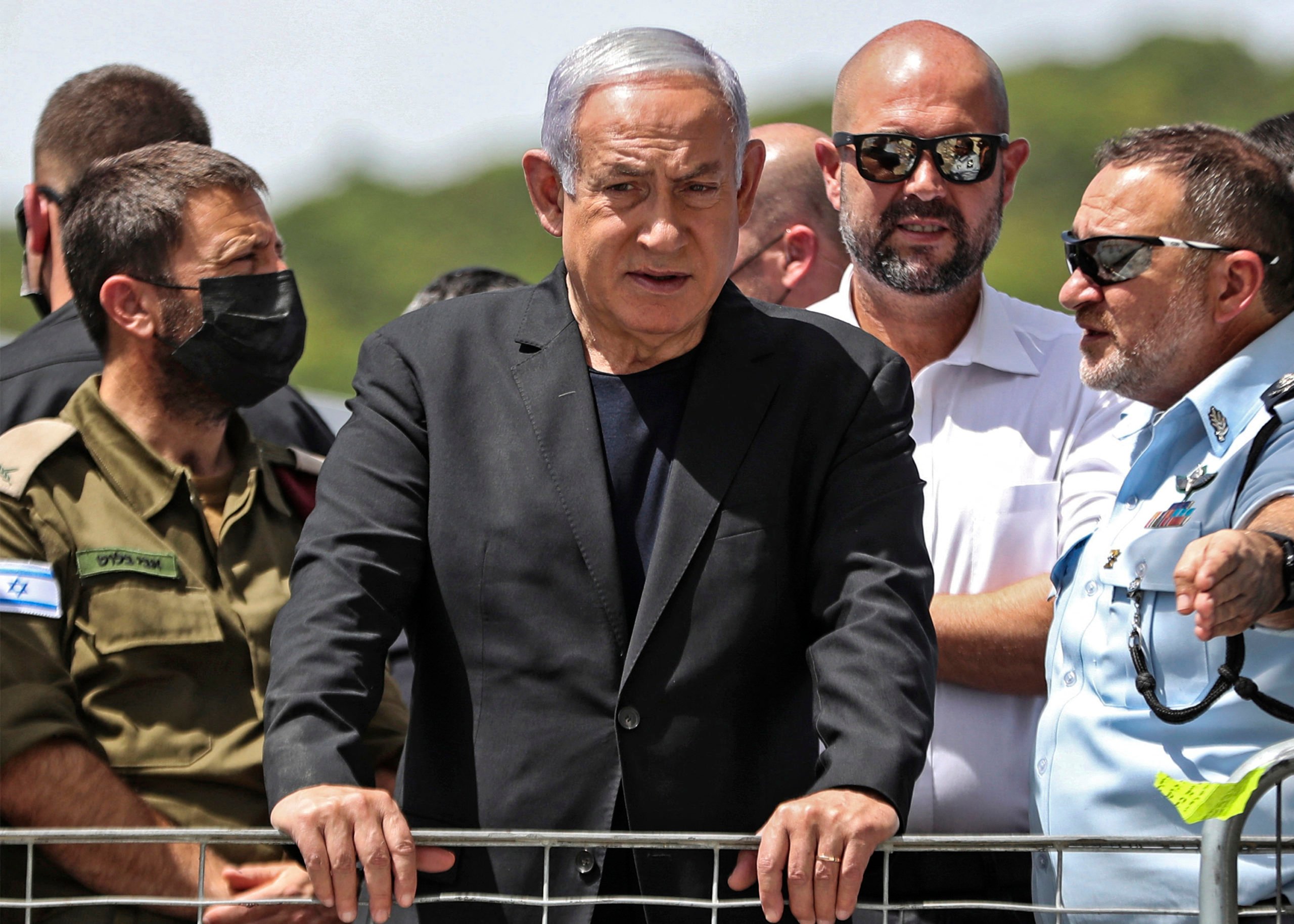 Israeli Prime Minister Benjamin Netanyahu visits the site of an overnight stampede during an ultra-Orthodox religious gathering in the northern Israeli town of Meron, on April 30, 2021. (RONEN ZVULUN/POOL/AFP via Getty Images)