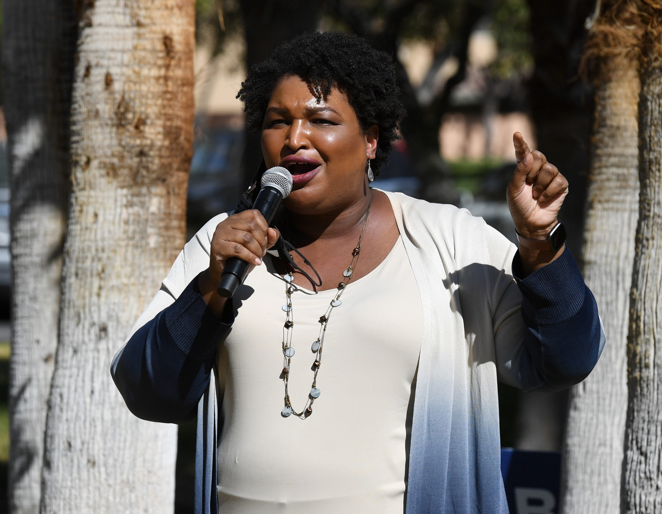 LAS VEGAS, NEVADA - OCTOBER 24: Former Georgia gubernatorial candidate Stacey Abrams speaks at a Democratic canvass kickoff as she campaigns for Joe Biden and Kamala Harris at Bruce Trent Park on October 24, 2020 in Las Vegas, Nevada. In-person early voting for the general election in the battleground state began on October 17 and continues through October 30. (Photo by Ethan Miller/Getty Images)