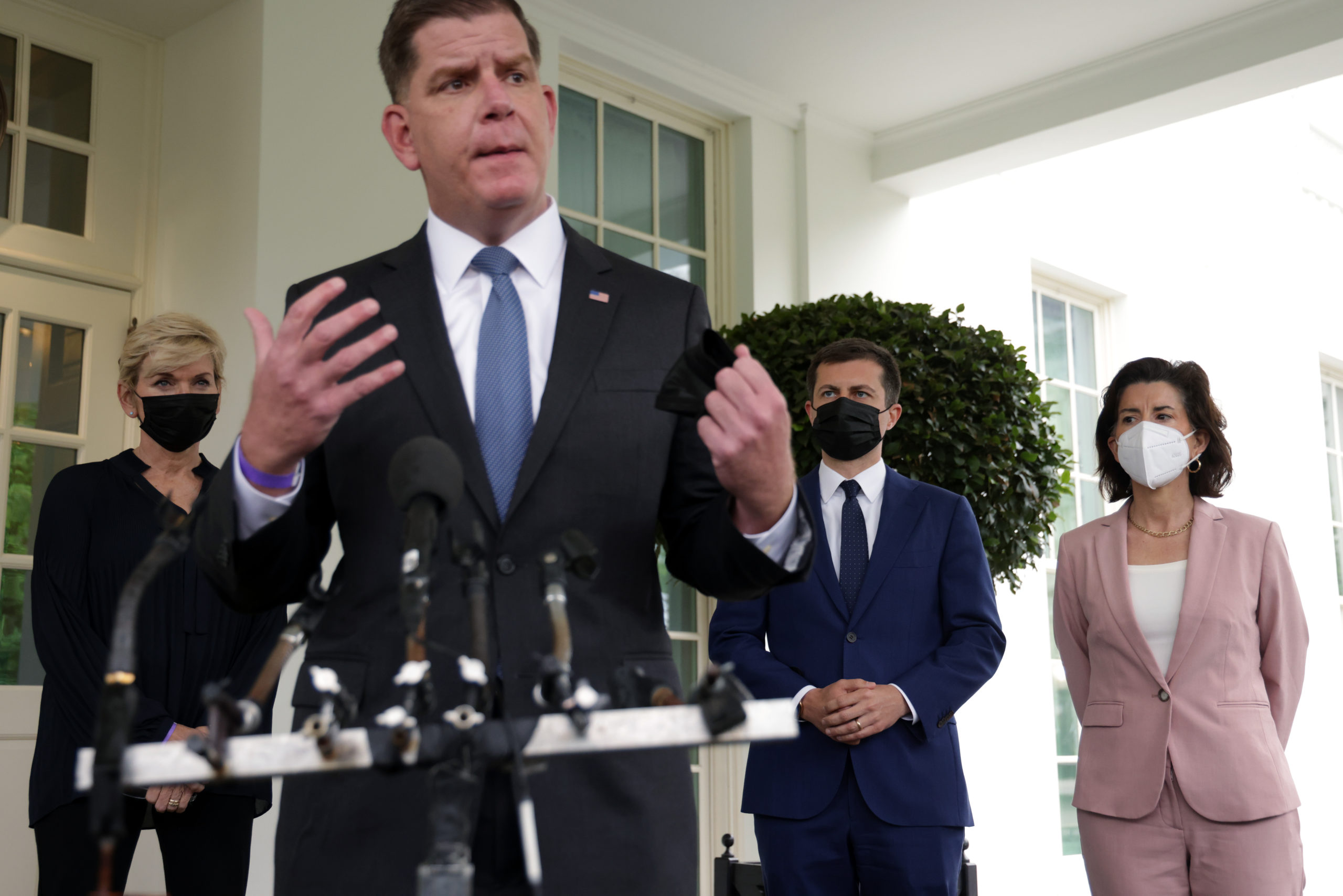 Labor Secretary Marty Walsh speaks to members of the press while other members of President Joe Biden's jobs task force listen on May 7. (Alex Wong/Getty Images)