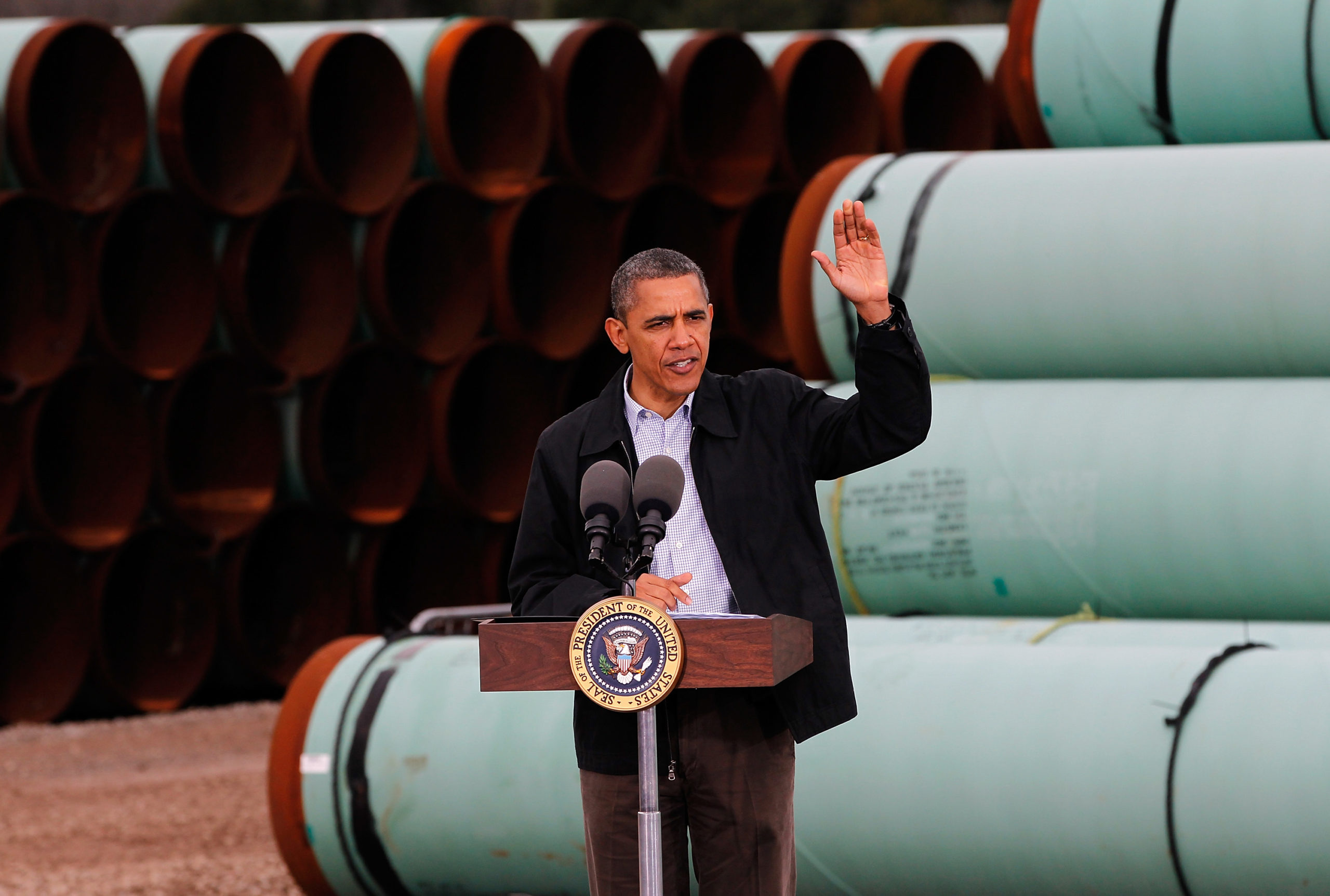 Former President Barack Obama speaks at the southern site of the Keystone XL Pipeline on March 22, 2012 in Cushing, Oklahoma. (Tom Pennington/Getty Images)