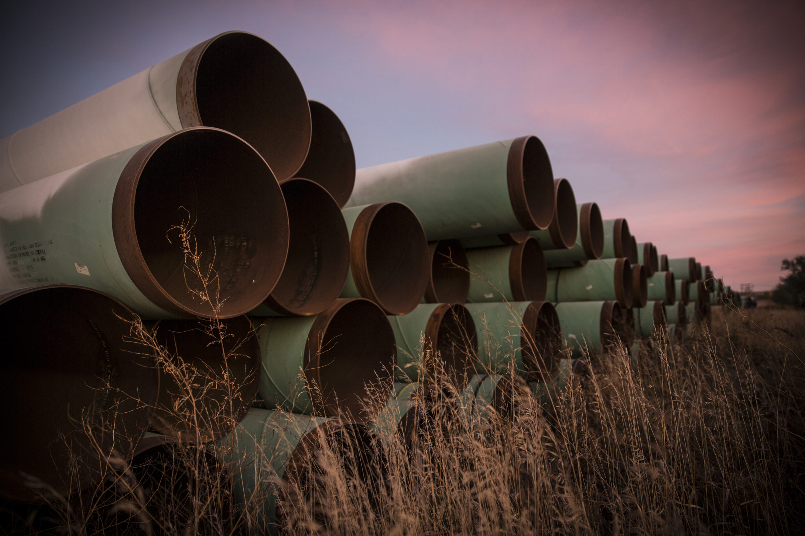 Miles of unused pipe, prepared for the Keystone XL pipeline sit in a lot on Oct. 14, 2014 outside Gascoyne, North Dakota. (Andrew Burton/Getty Images)