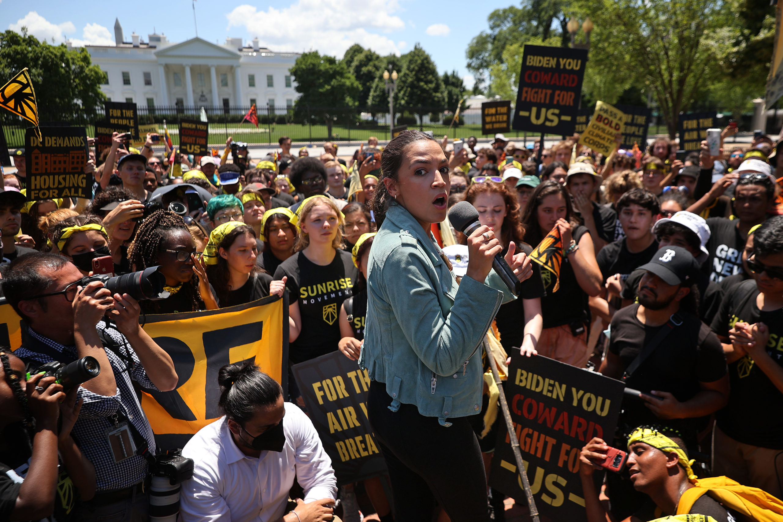 Democratic Rep. Alexandria Ocasio-Cortez rallies hundreds of young climate activists in Lafayette Square on the north side of the White House to demand that U.S. President Joe Biden work to make the Green New Deal into law on June 28, 2021 in Washington, DC. (Photo by Chip Somodevilla/Getty Images)