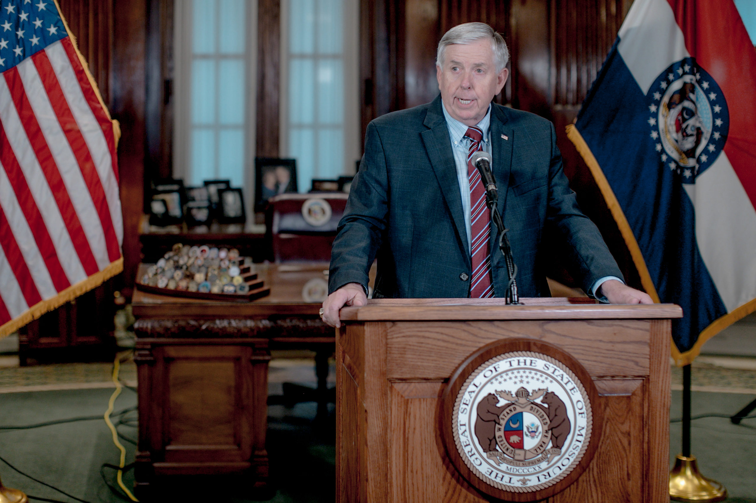 Gov. Mike Parson speaks during a press conference in 2019 in Jefferson City, Missouri. (Jacob Moscovitch/Getty Images)