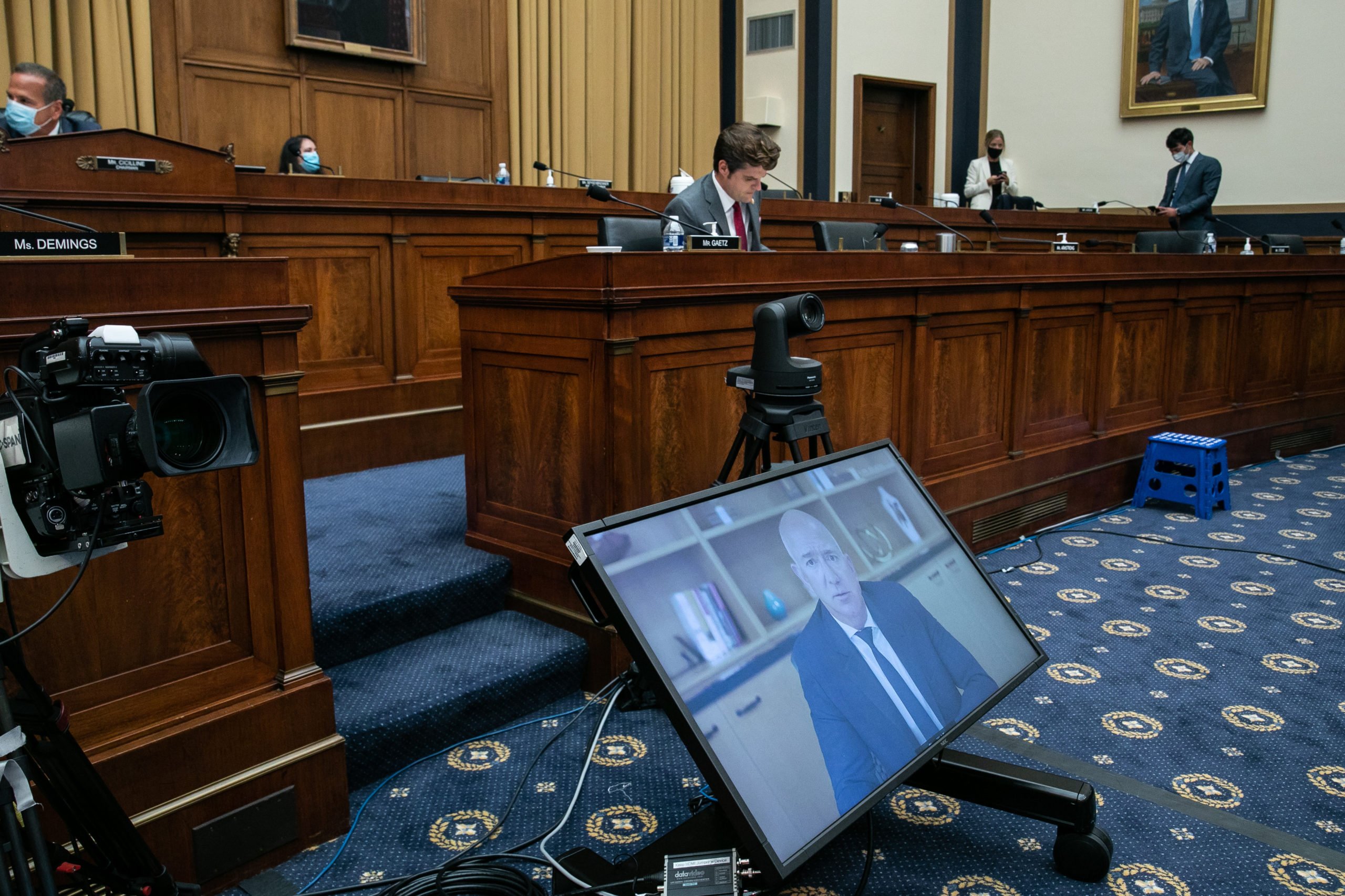 Amazon CEO Jeff Bezos testifies via video conference during a House Judiciary Committee hearing on July 29. (Graeme Jennings/Pool/Getty Images)