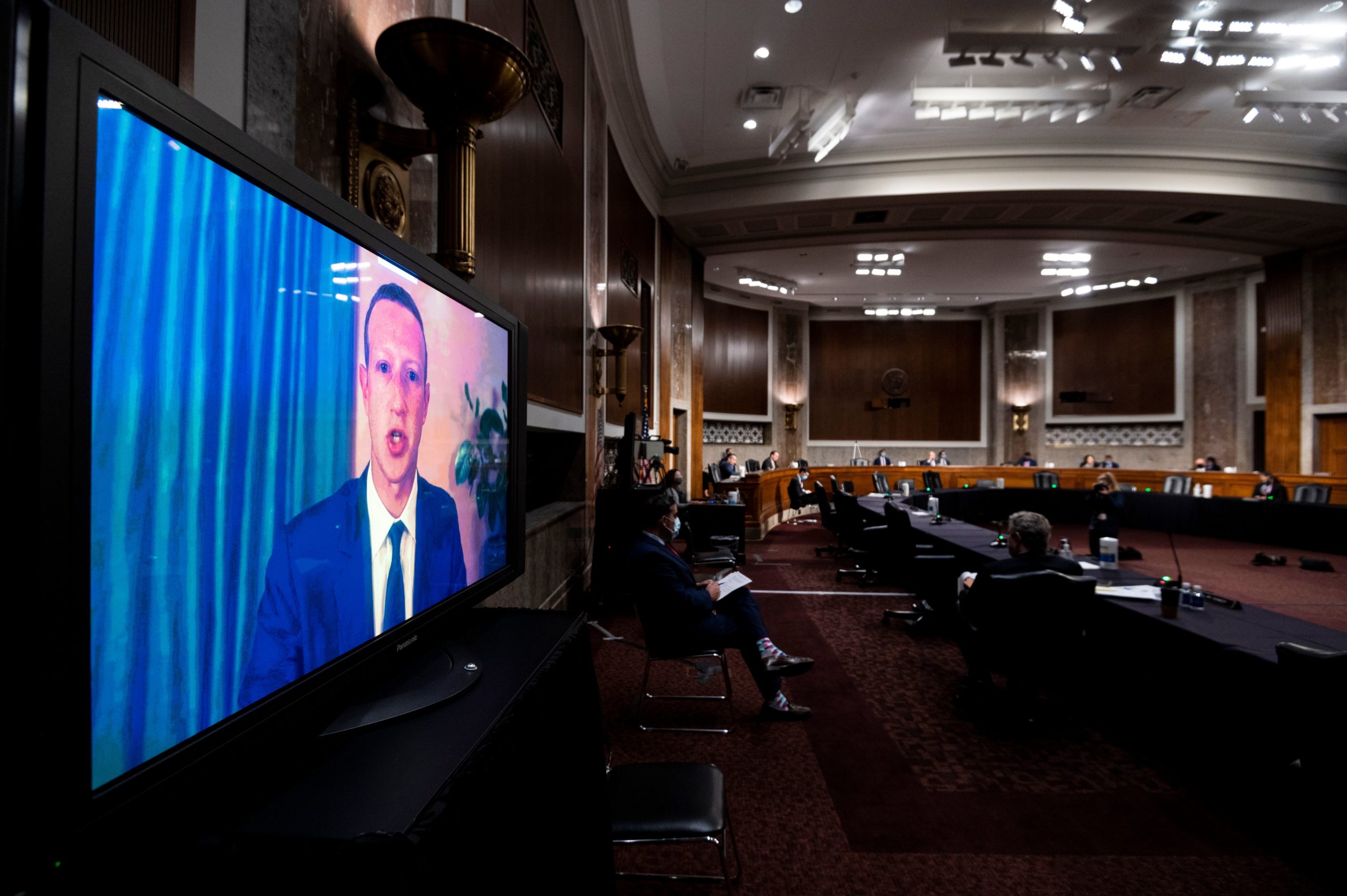 Facebook CEO Mark Zuckerberg testifies remotely during a Senate Judiciary Committee hearing on Nov. 17. (Bill Clark/Pool/AFP via Getty Images)