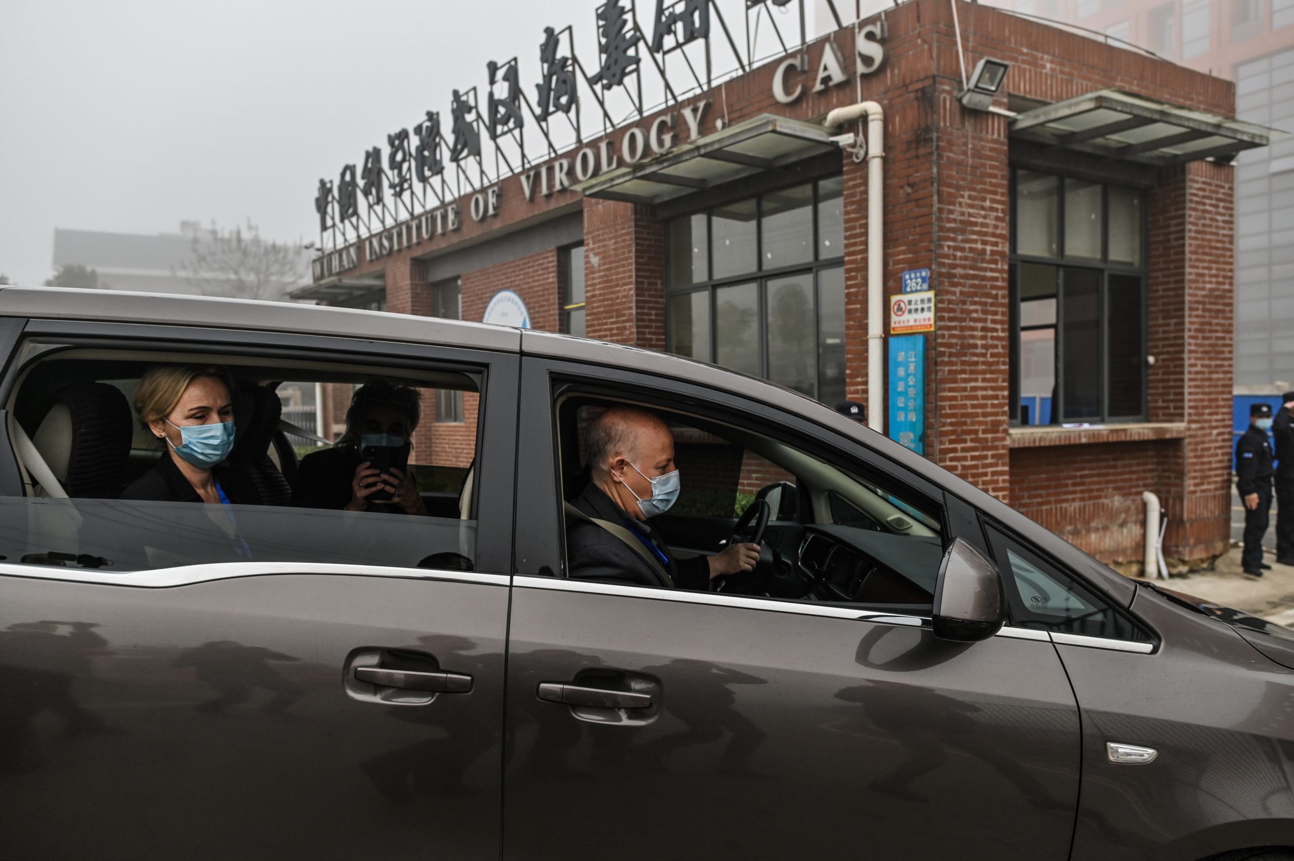Members of the World Health Organization team investigating the origins of coronavirus arrive at the Wuhan Institute of Virology in Wuhan, China on Feb. 3. (Hector Retamal/AFP via Getty Images)