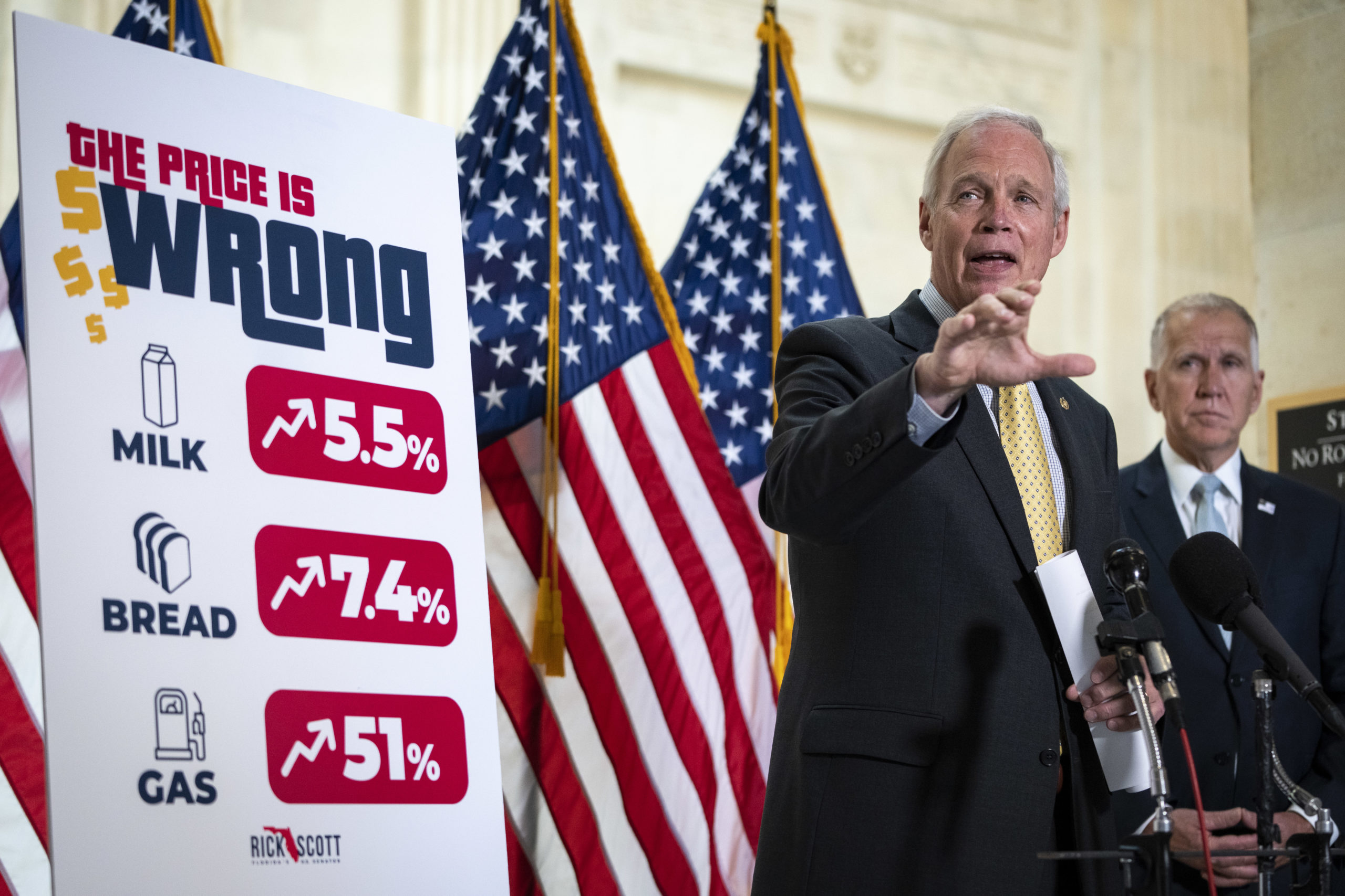 Republican Wisconsin Sen. Ron Johnson speaks during a news conference about inflation on May 26. (Drew Angerer/Getty Images)