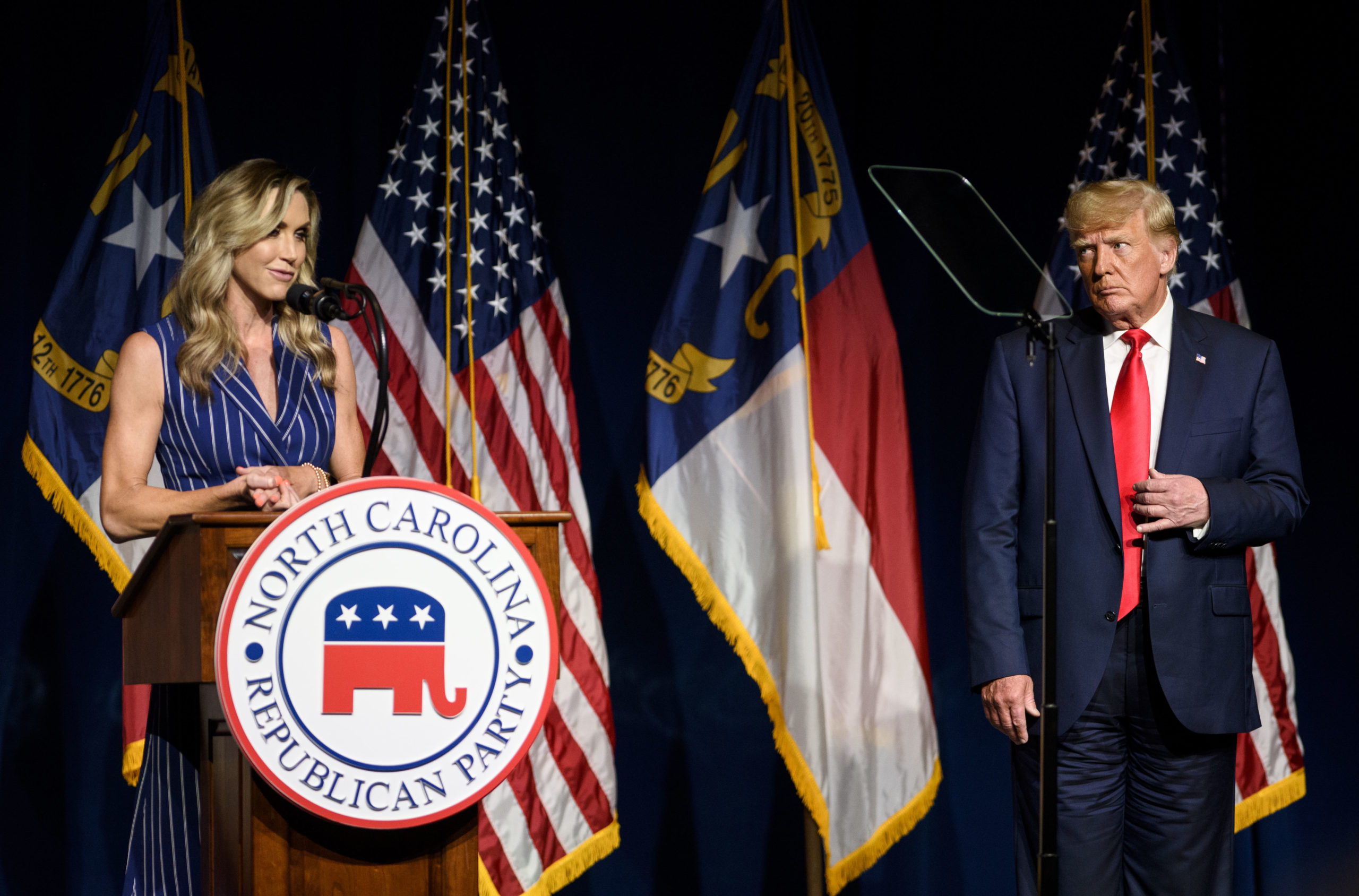 GREENVILLE, NC - JUNE 05: Laura Trump speaks at the NCGOP state convention as former U.S. President Donald Trump on June 5, 2021 in Greenville, North Carolina. Laura Trump put rumors to bed by announcing she would not be running for the N.C. Senate. The event is one of former U.S. President Donald Trumps first high-profile public appearances since leaving the White House in January. (Photo by Melissa Sue Gerrits/Getty Images)