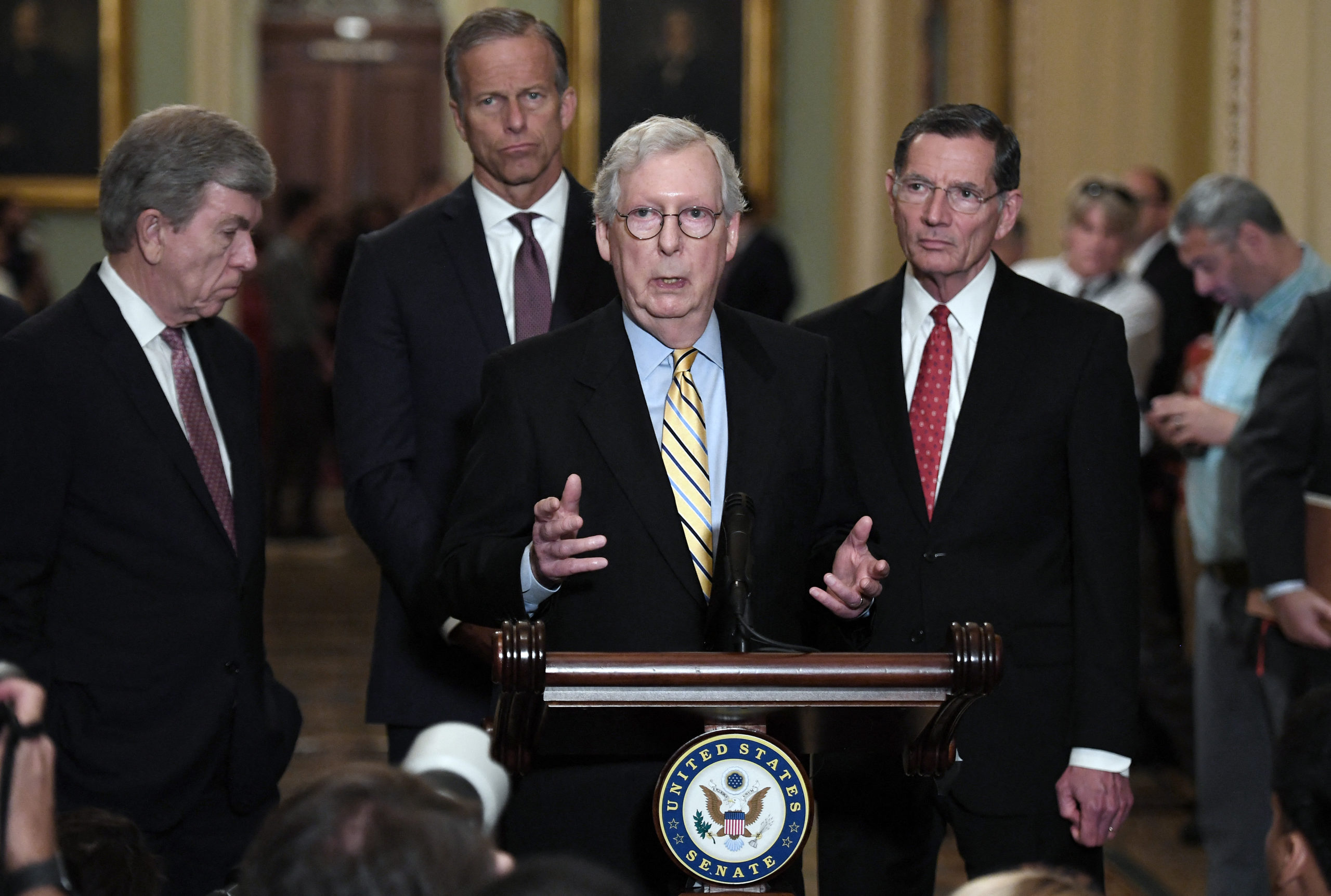 Sen. Mitch McConnell speaks about S.1 ahead of Tuesday's vote. (OLIVIER DOULIERY/AFP via Getty Images)