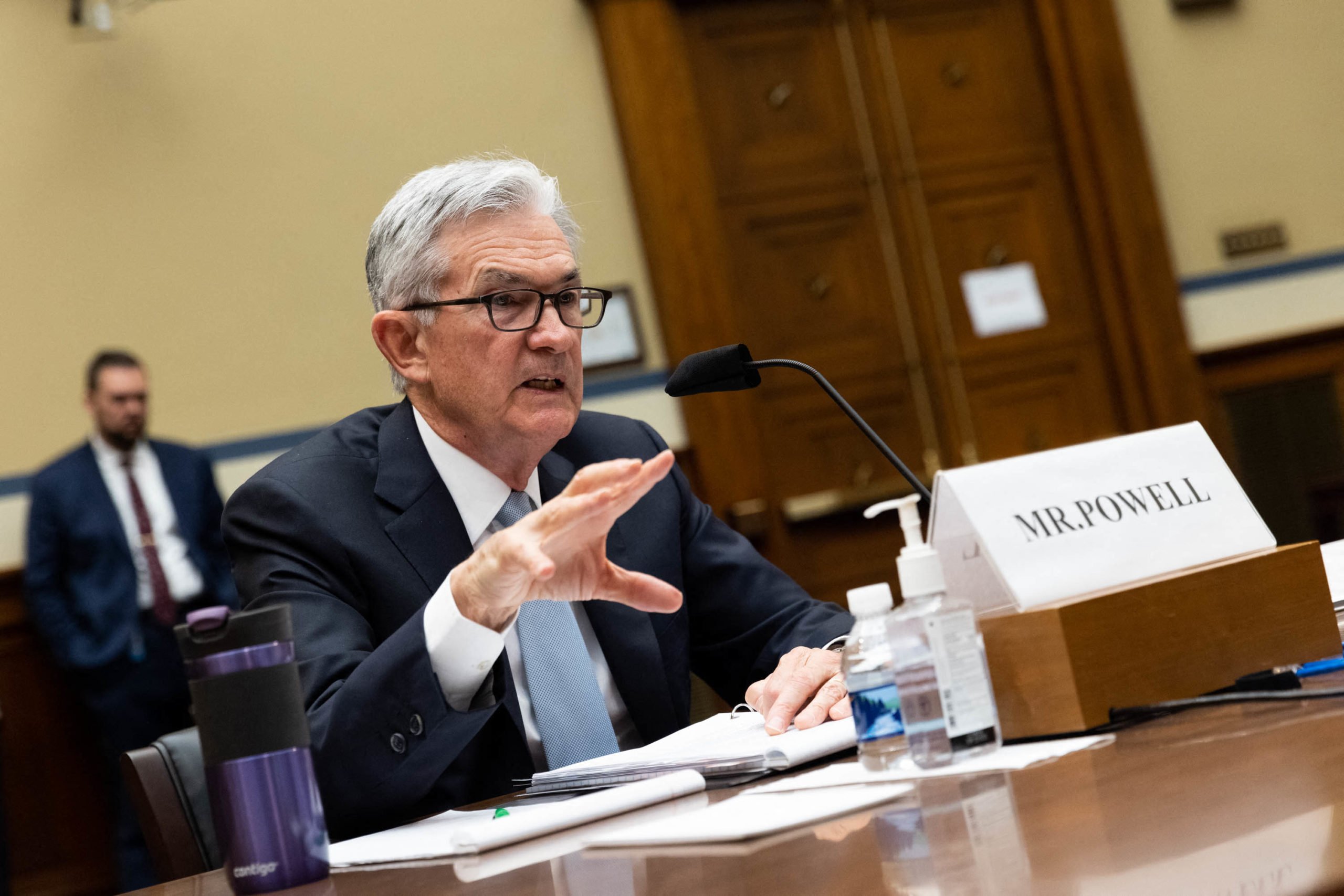 Federal Reserve Chairman Jerome Powell testifies during a House hearing on Tuesday. (Graeme Jennings/Pool/AFP via Getty Images)