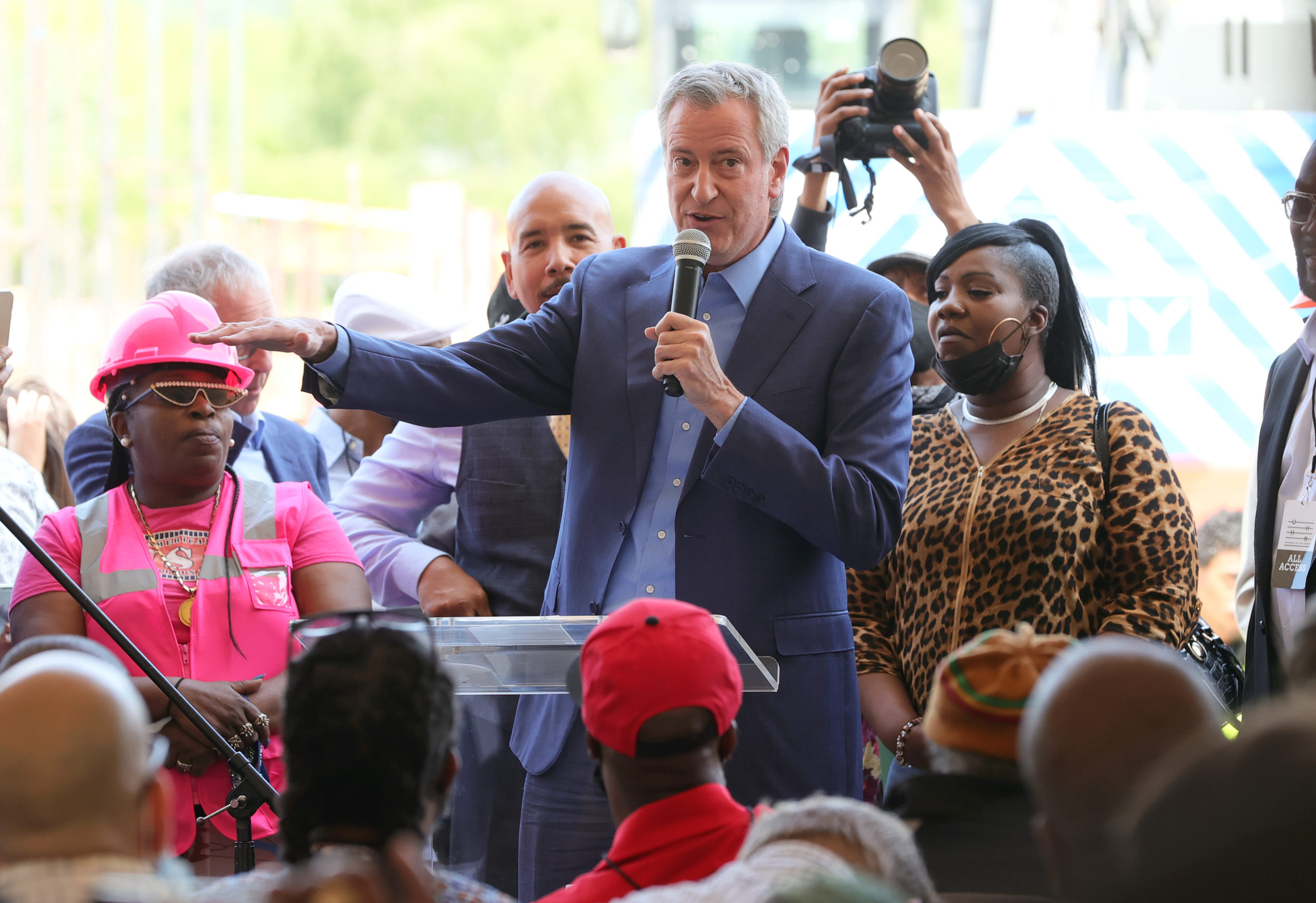 NEW YORK, NEW YORK - MAY 20: New York City Mayor Bill de Blasio speaks during The Universal Hip Hop Museum Groundbreaking Ceremony Held In Bronx Point on May 20, 2021 in New York City. (Photo by Dia Dipasupil/Getty Images)