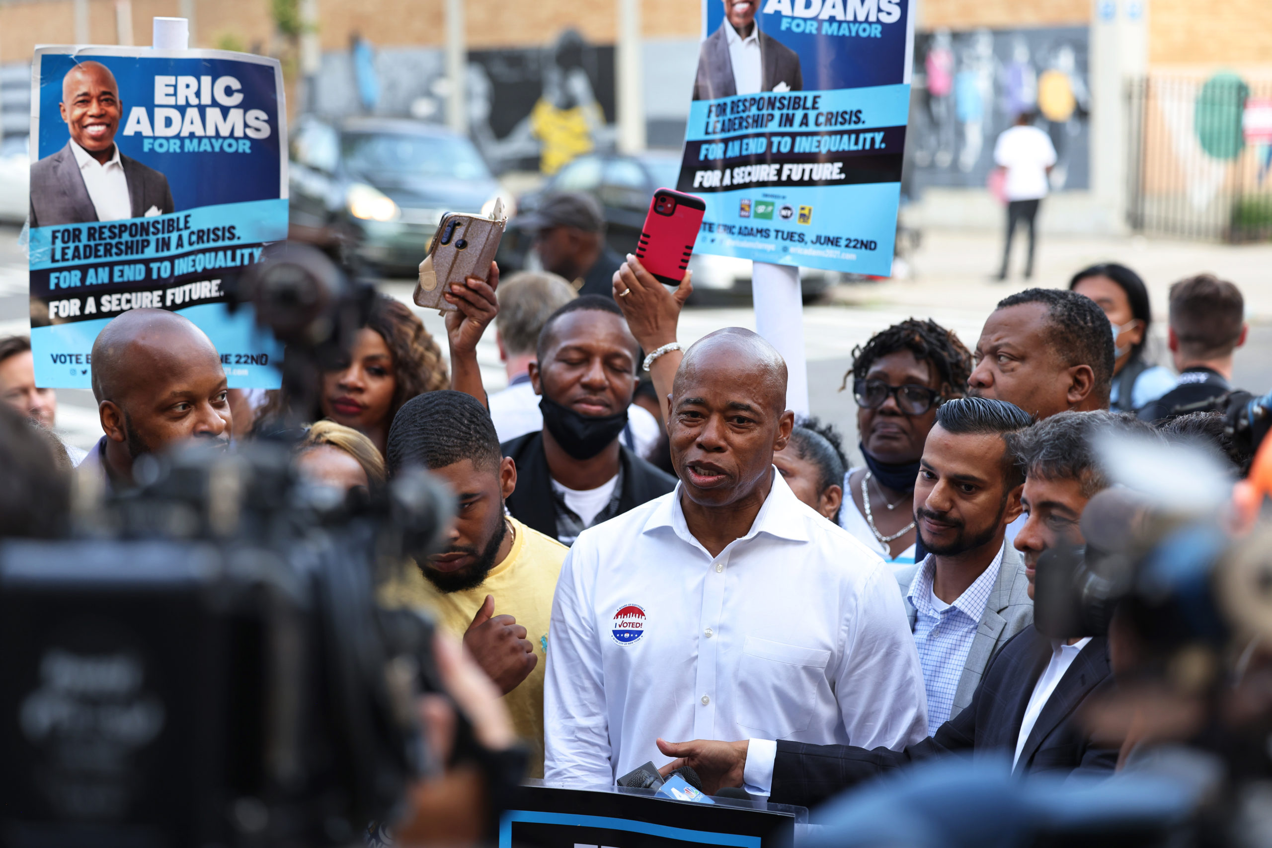 Eric Adams speaks after voting during on Tuesday in Brooklyn, New York. (Michael M. Santiago/Getty Images)
