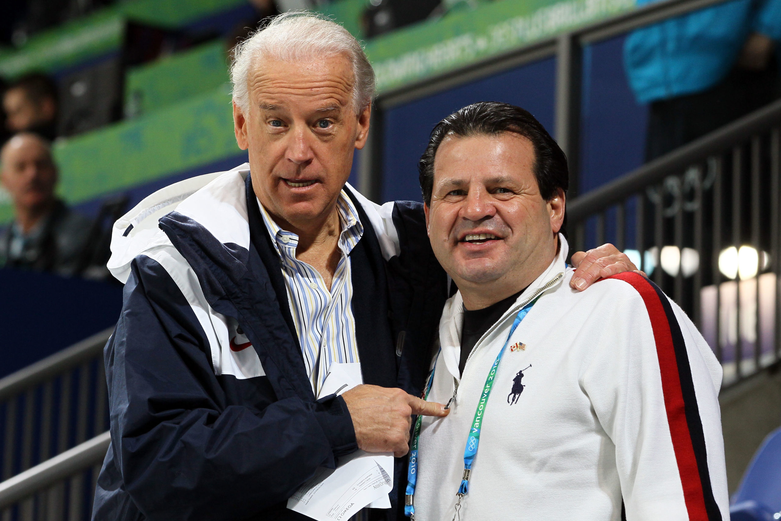VANCOUVER, BC - FEBRUARY 14: United States vice-president Joe Biden and Mike Eruzione attend women's ice hockey preliminary game between United States and China at UBC Thunderbird Arena on February 14, 2010 in Vancouver, Canada. (Photo by Bruce Bennett/Getty Images)
