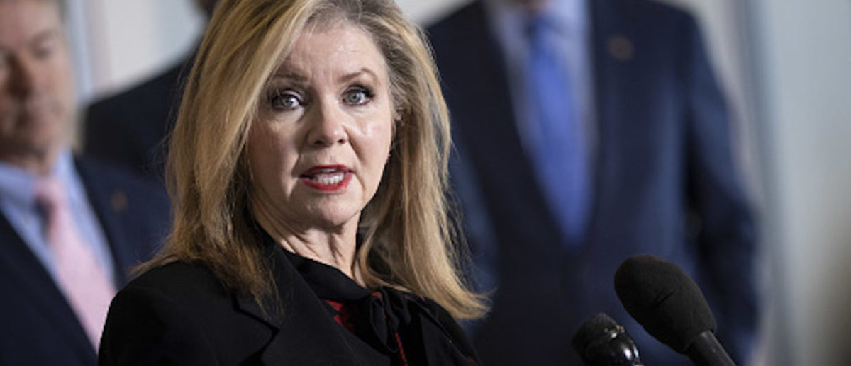 Senator Marsha Blackburn, a Republican from Tennessee, speaks during a news conference at the U.S. Capitol in Washington, D.C., U.S. on Thursday, March 4, 2021. (Ting Shen/Bloomberg via Getty Images)