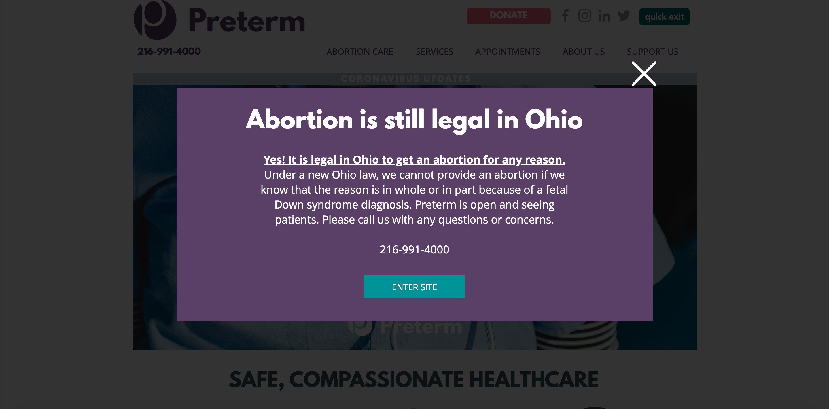 Screenshot of Preterm pop up message. Preterm is an abortion clinic operating out of Cleveland, Ohio. 