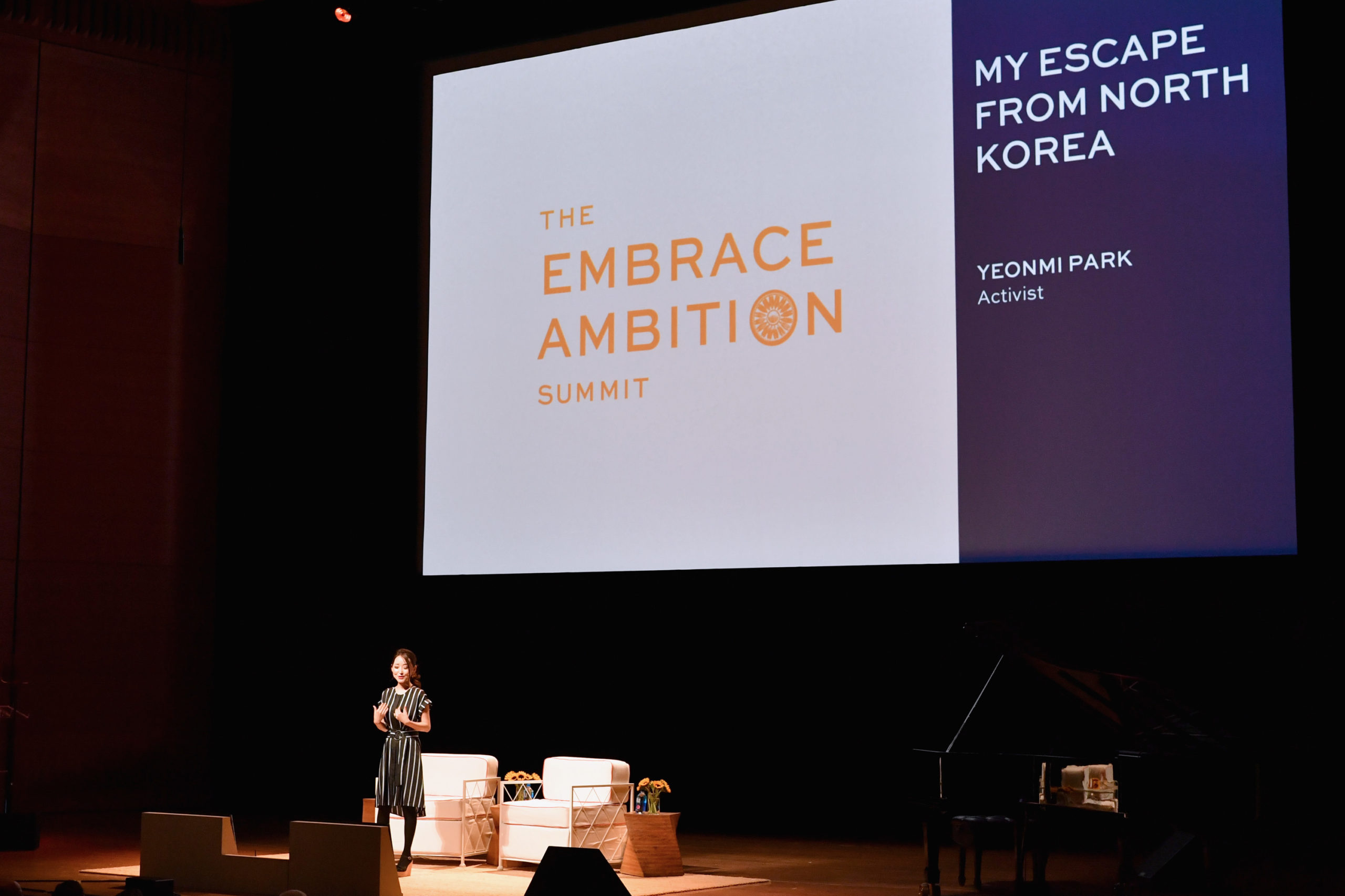 Activist Yeonmi Park speaks onstage during The Tory Burch Foundation 2018 Embrace Ambition Summit at Alice Tully Hall on April 24, 2018 in New York City. 