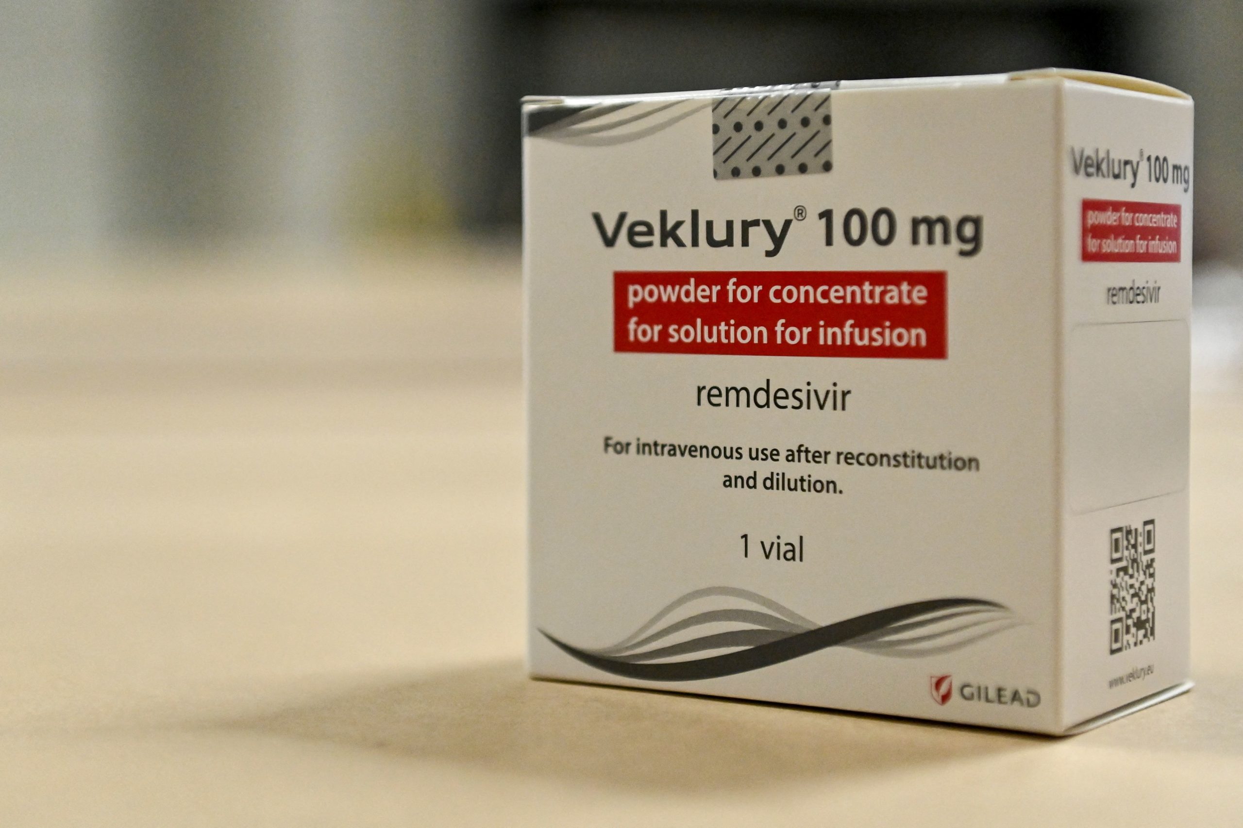 Cardboard boxes of antiviral drug Remdesivir, used to treat COVID-19. (Photo by DIRK WAEM/Belga/AFP via Getty Images)