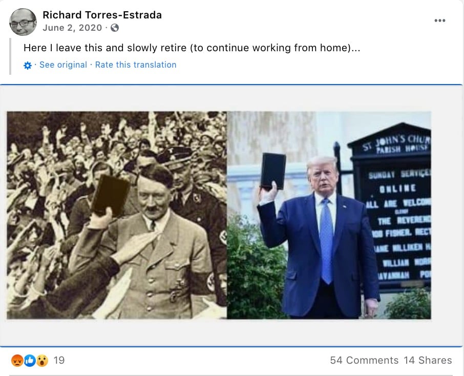 Screenshot of June 2, 2020, Facebook post from Richard Torres-Estrada
