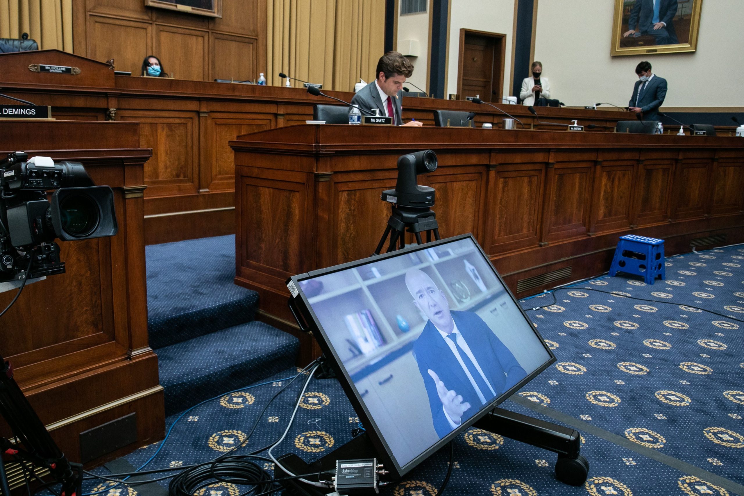 Amazon CEO Jeff Bezos testifies before the House Judiciary Antitrust Subcommittee on July 29, 2020. (Graeme Jennings/Pool/AFP via Getty Images)