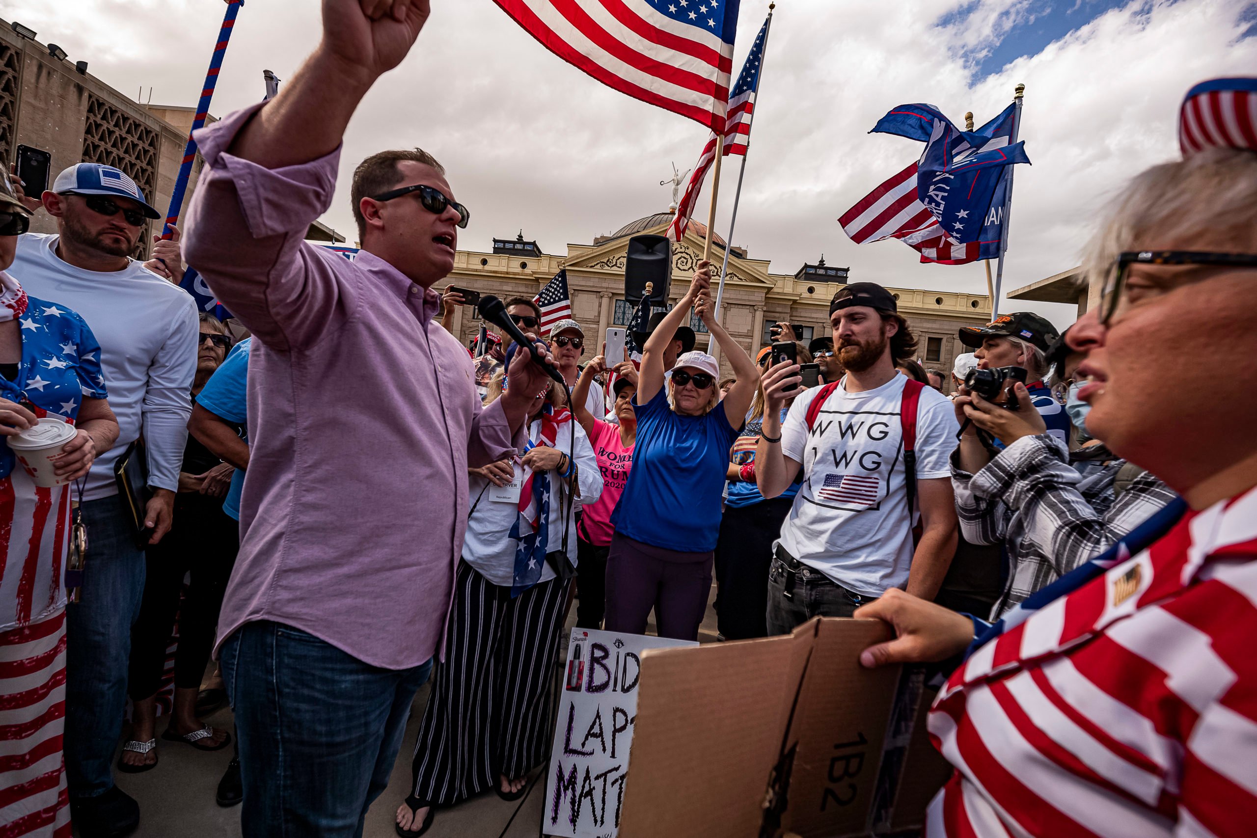 Supporters of President Donald Trump demonstrate in front of the Arizona State Capitol in Phoenix, Arizona, on Nov. 7. (Olivier Touron/AFP via Getty Images)