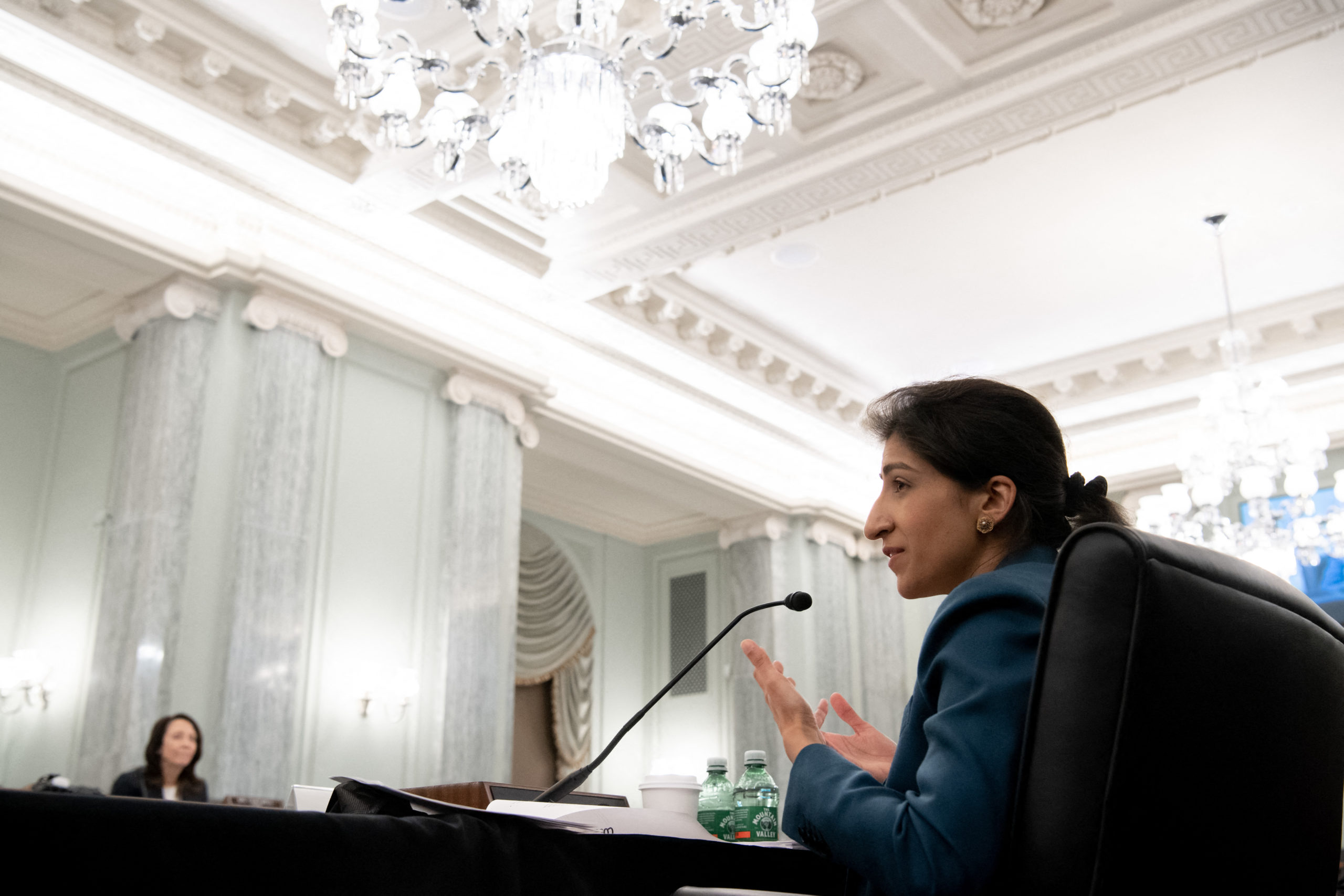 Federal Trade Commission Chair and Big Tech critic Lina Khan testifies during a Senate Committee hearing on April 21. (Saul Loeb/Pool/AFP via Getty Images)